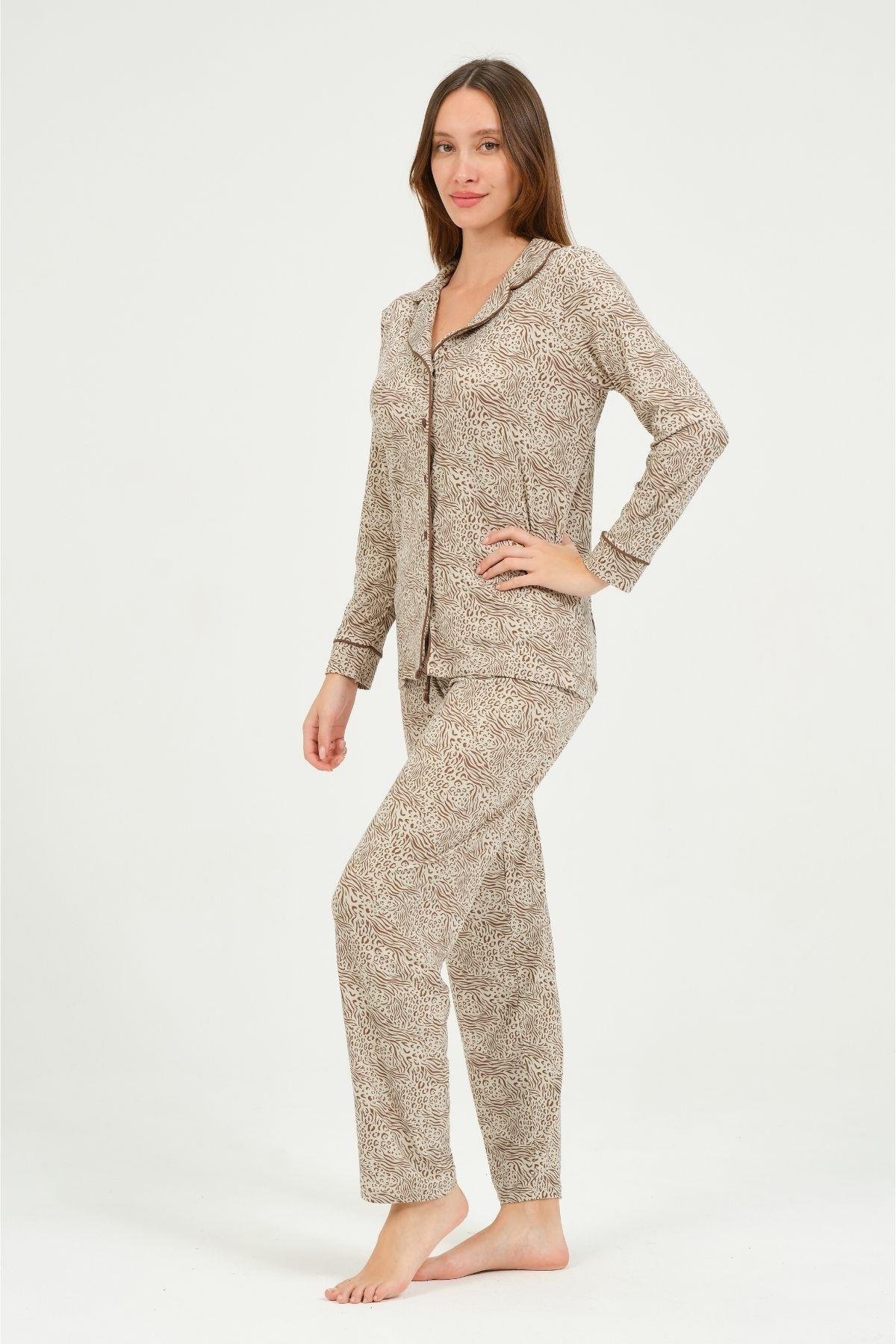 Kadın Bej Kaplan Desenli Pijama Takımı