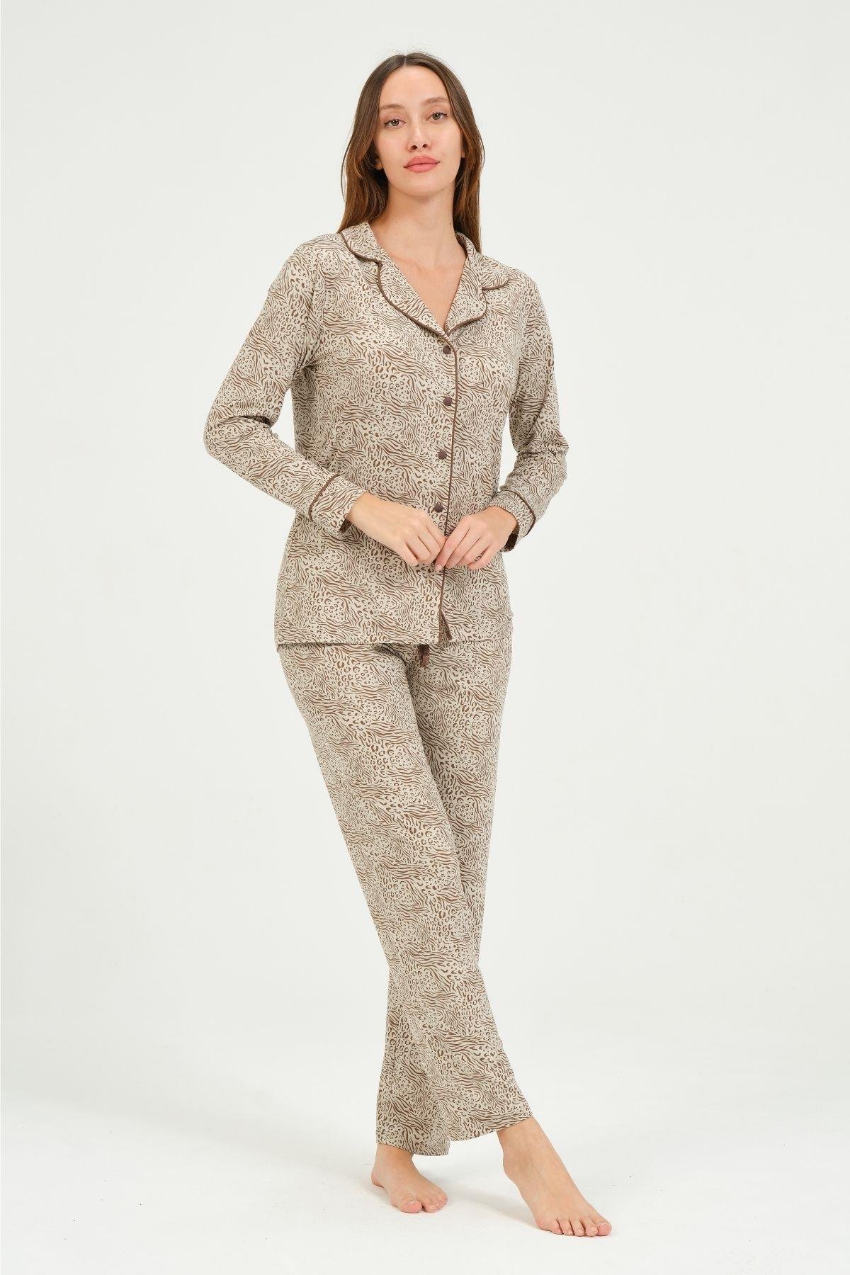 Kadın Bej Kaplan Desenli Pijama Takımı