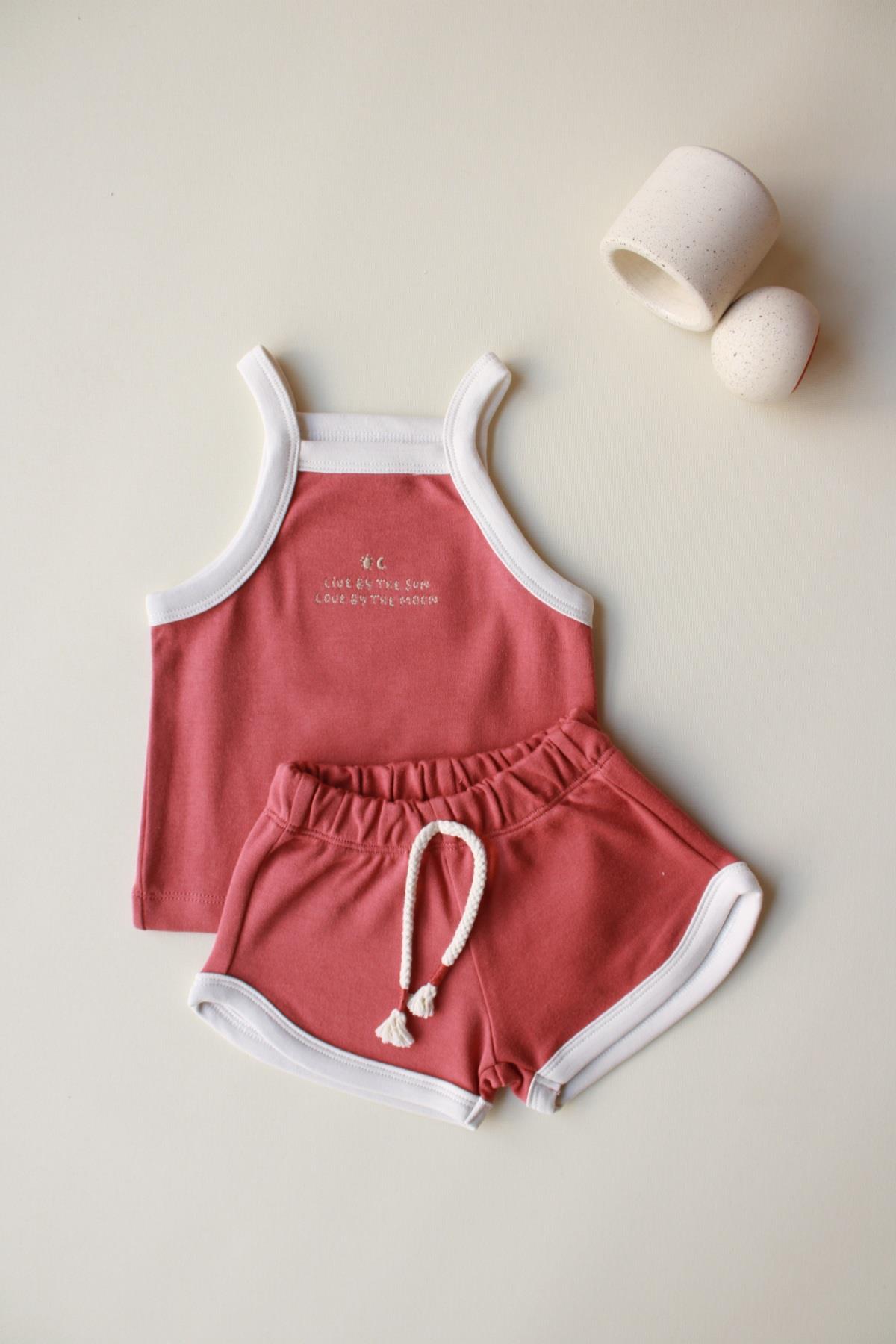 Koyu Turuncu Askılı Şortlu Takım