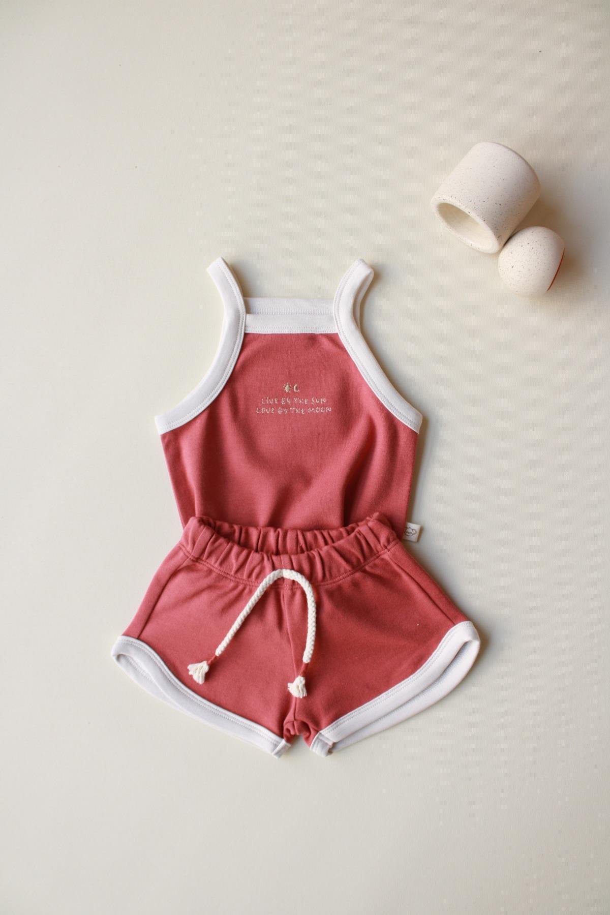 Koyu Turuncu Askılı Şortlu Takım