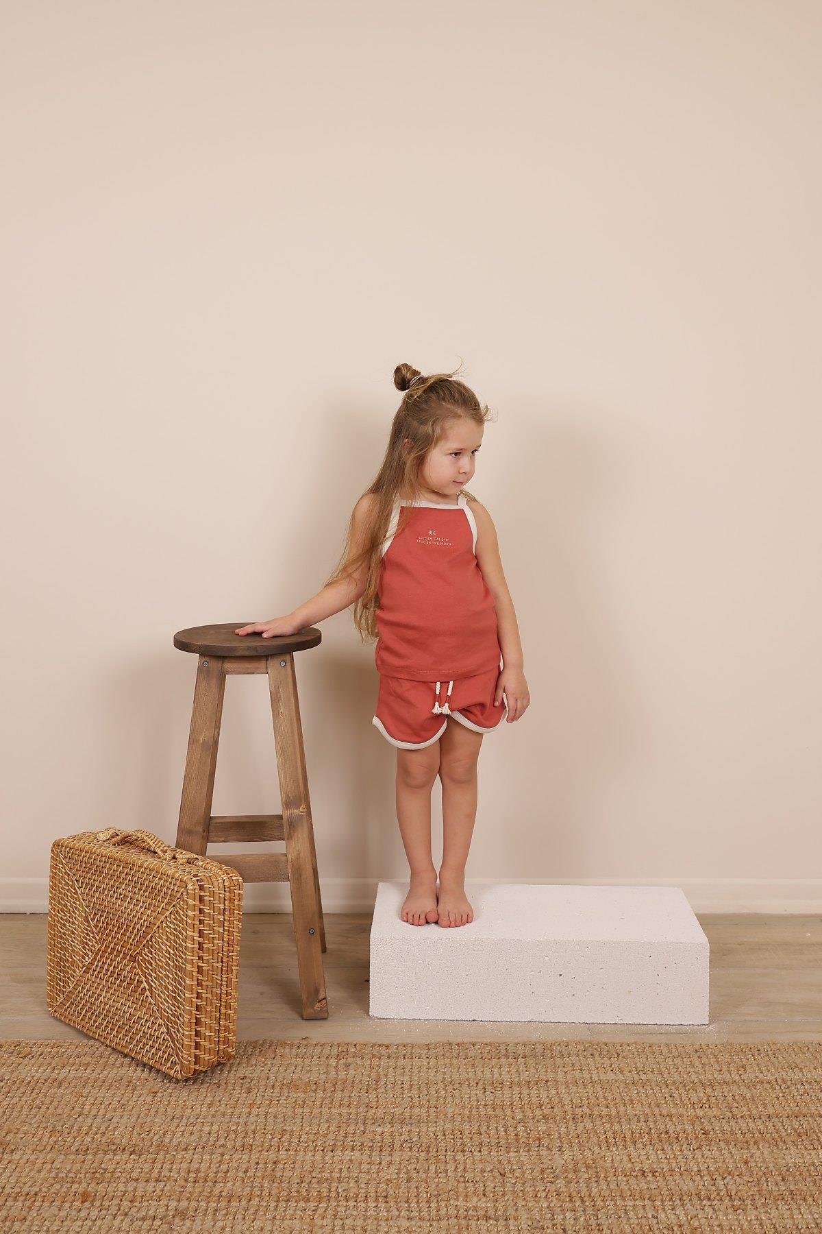 Koyu Turuncu Askılı Şortlu Takım