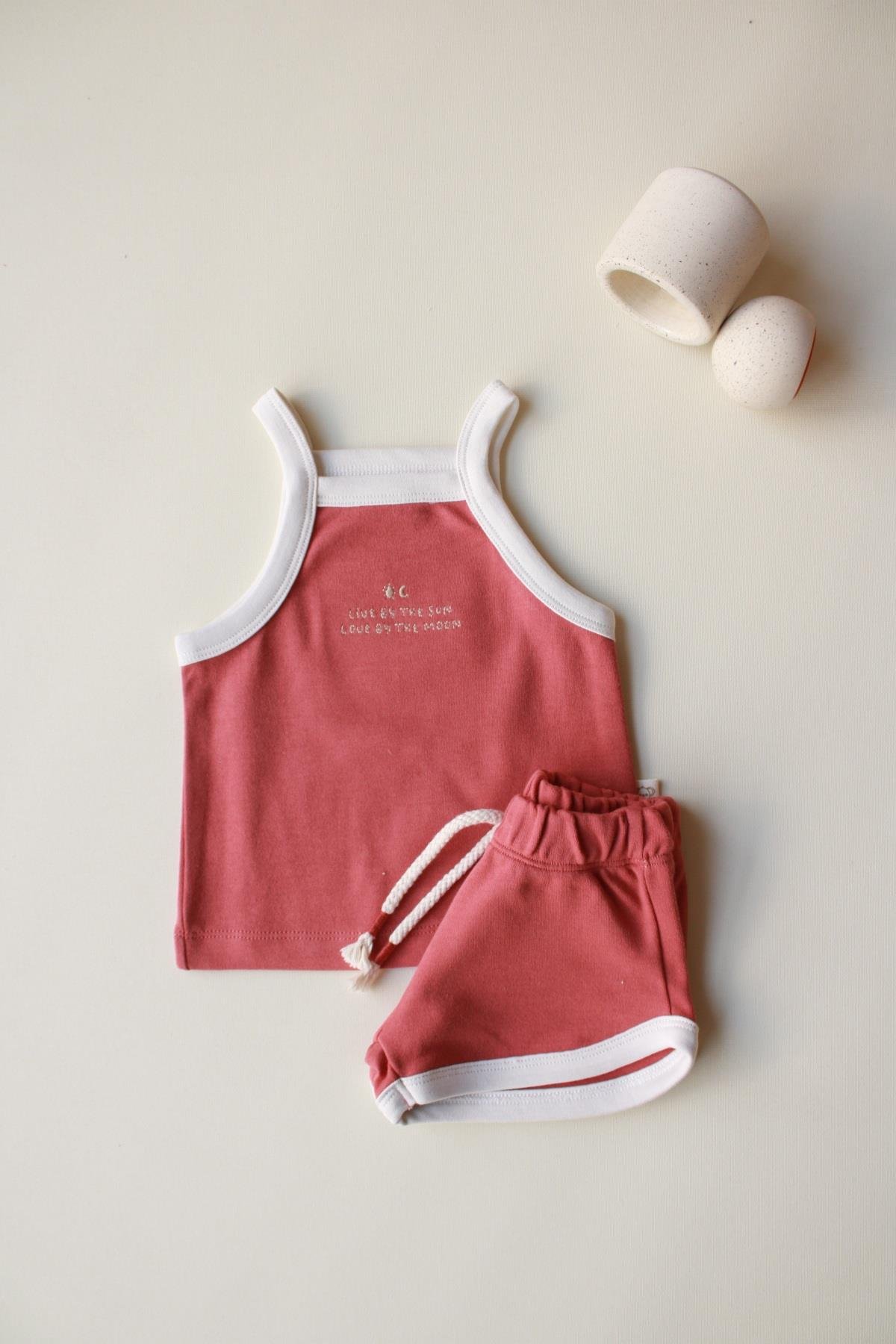 Koyu Turuncu Askılı Şortlu Takım