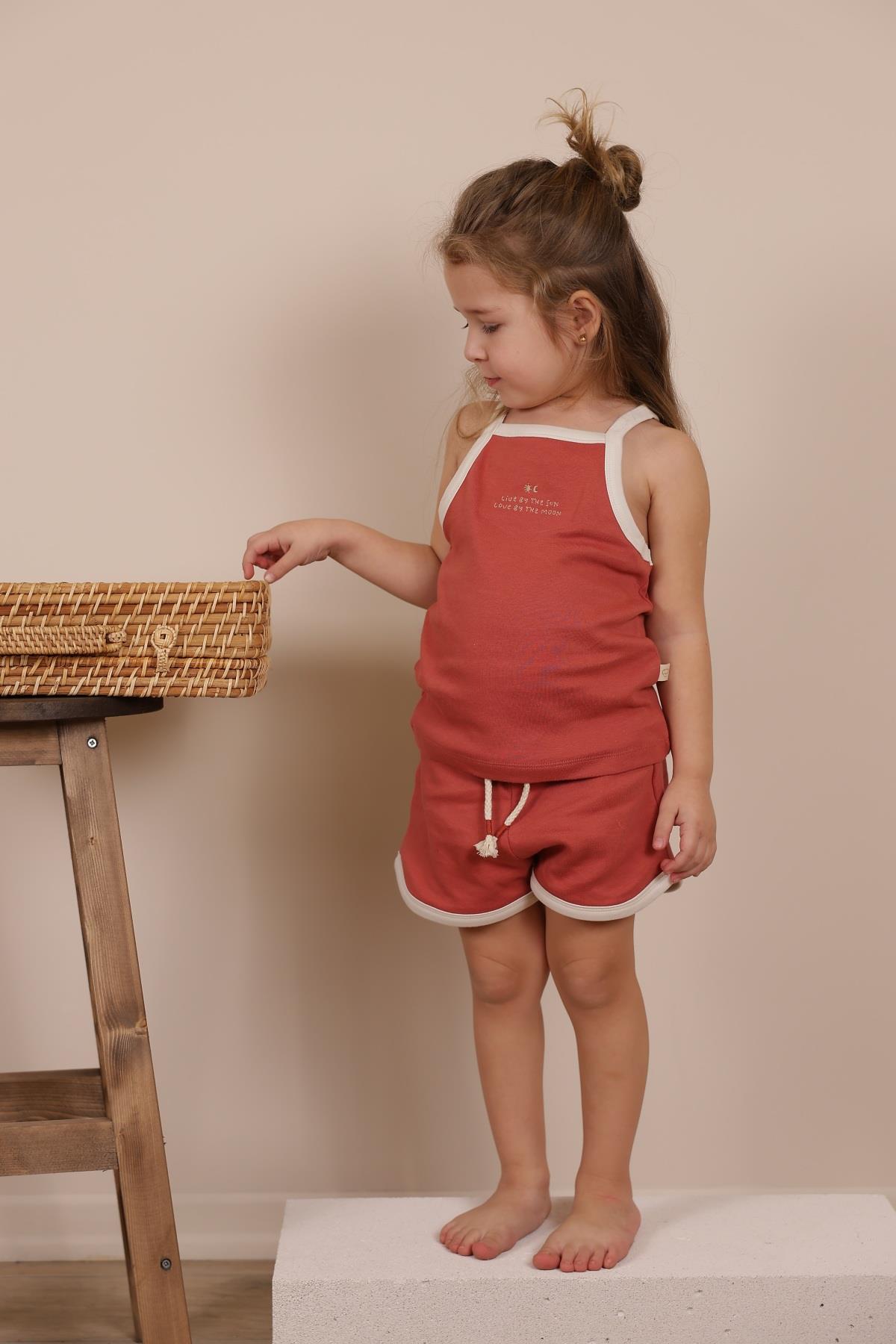 Koyu Turuncu Askılı Şortlu Takım