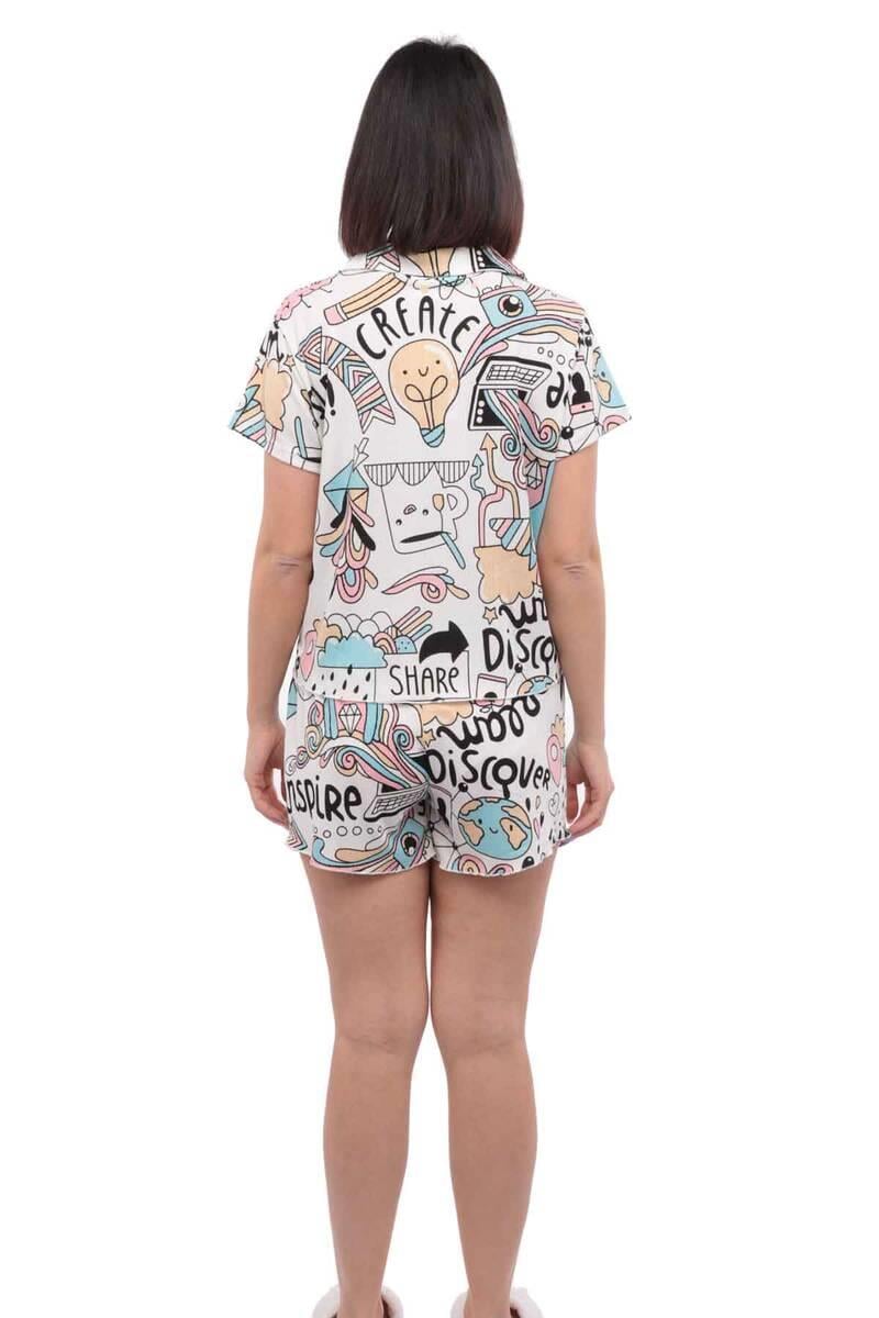 Arcan Desenli Kısa Kollu Gömlek Pijama Takımı 3'lü 80119-1 | Beyaz