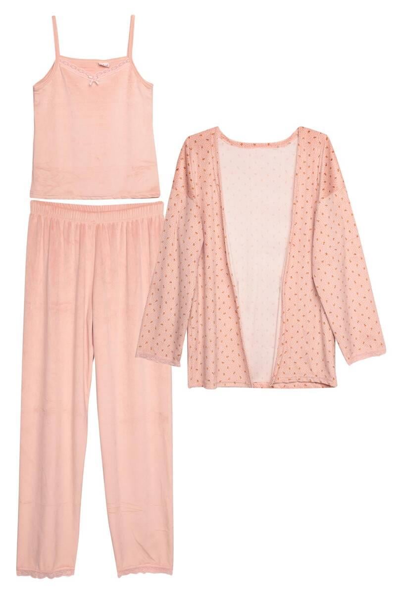 Desenli Kadın Kadife 3 lü Pijama Takımı 13451-14 | Somon