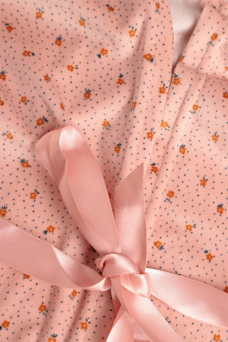 Desenli Kadın Kadife 3 lü Pijama Takımı 13451-14 | Somon
