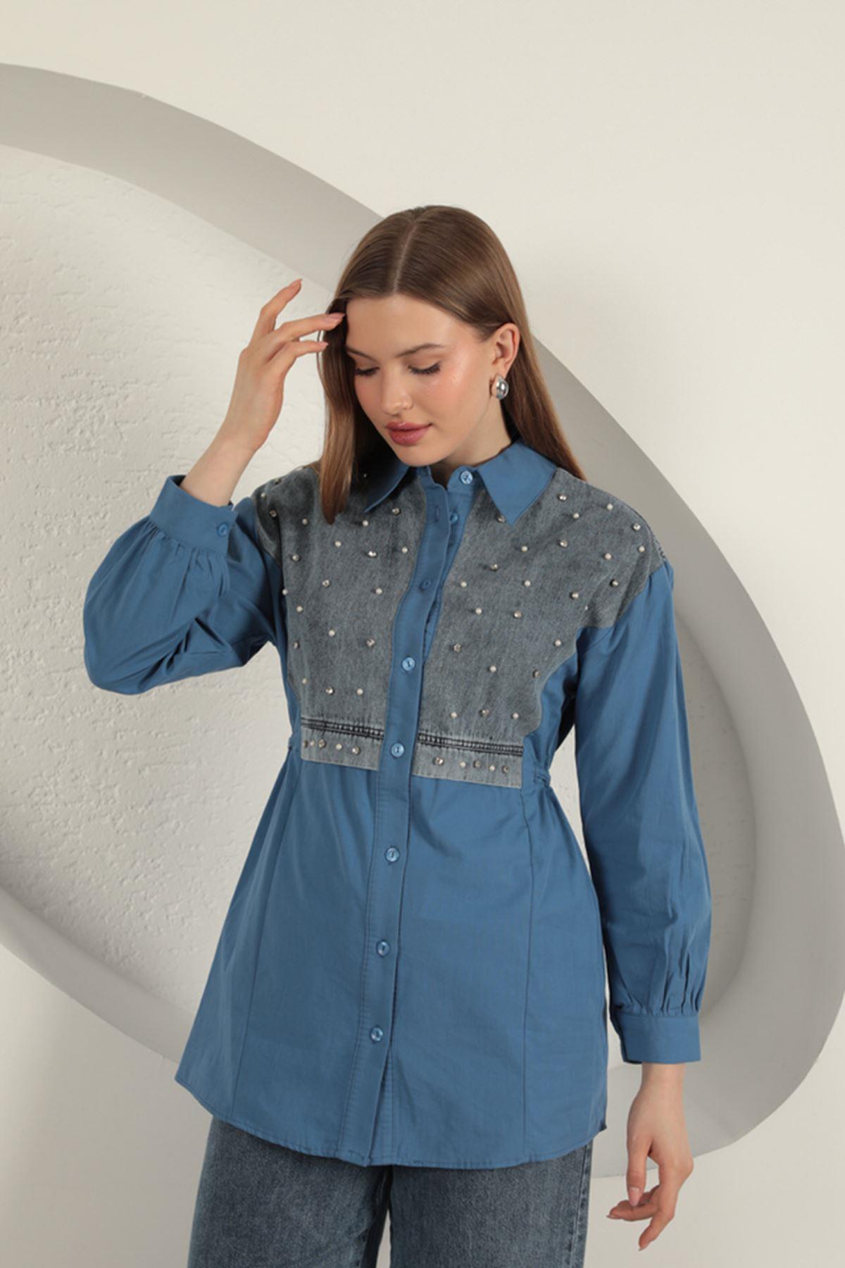Poplin Kumaş Önü İnci Detaylı İndigo Kadın Gömlek