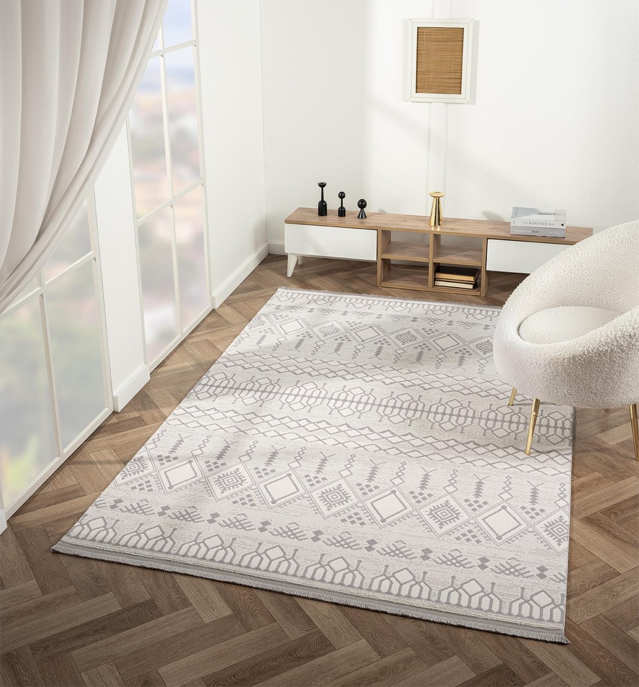 Feel FL007A Krem Halı Etnik Desen Akrilik Tozu Az Pamuk Taban