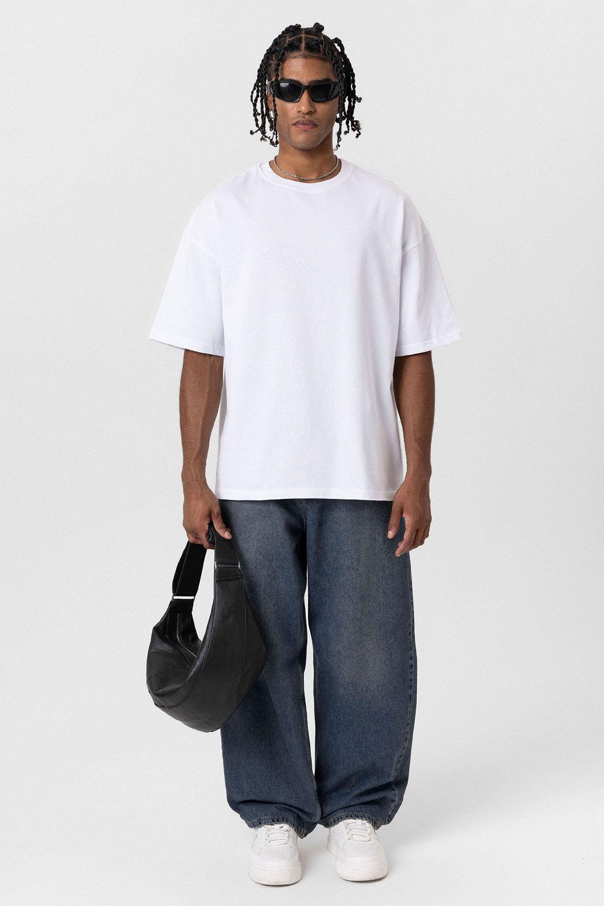 Basic Oversize Bisiklet Yaka Tişört Beyaz