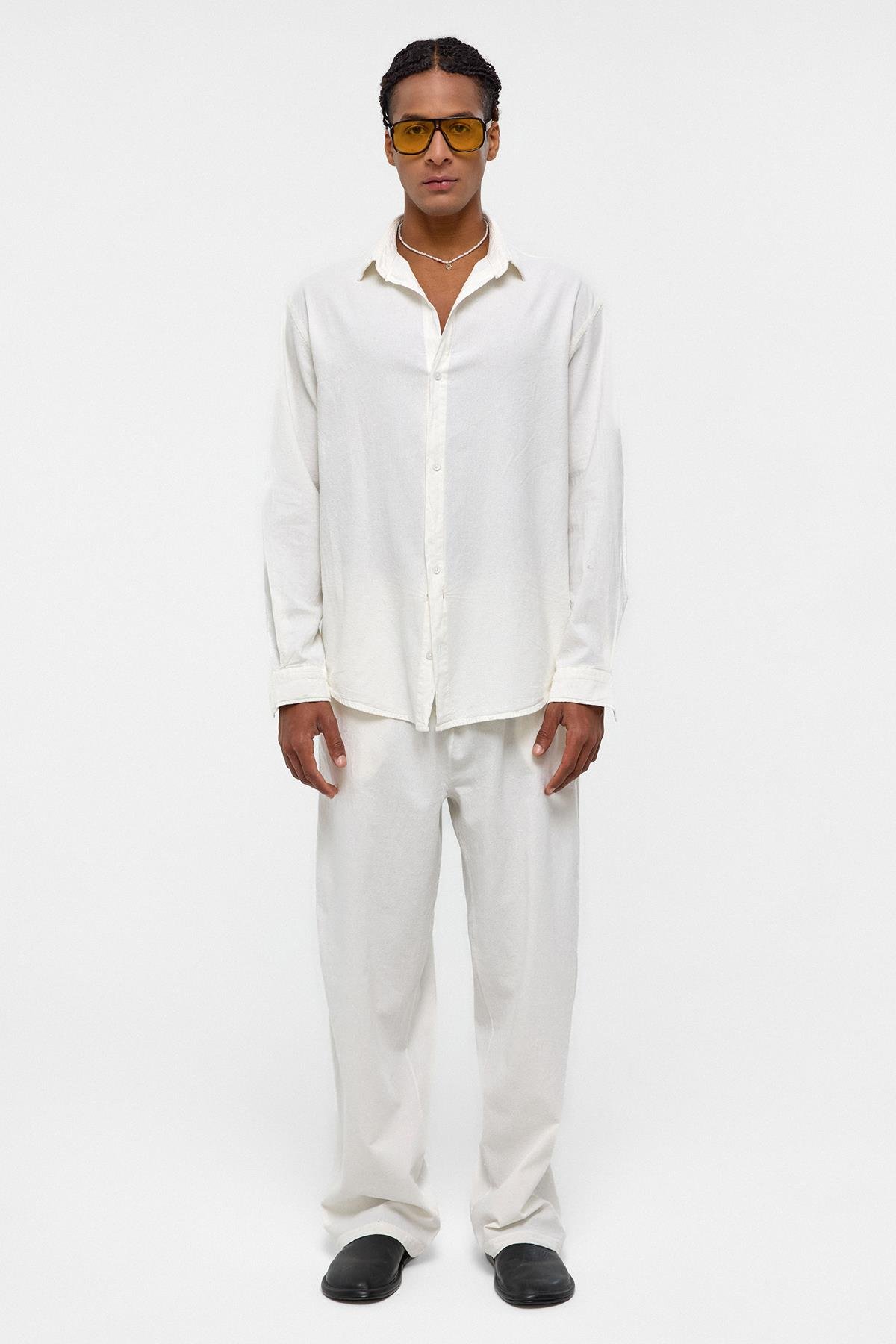 Basic Oversize Keten Takım Ekru