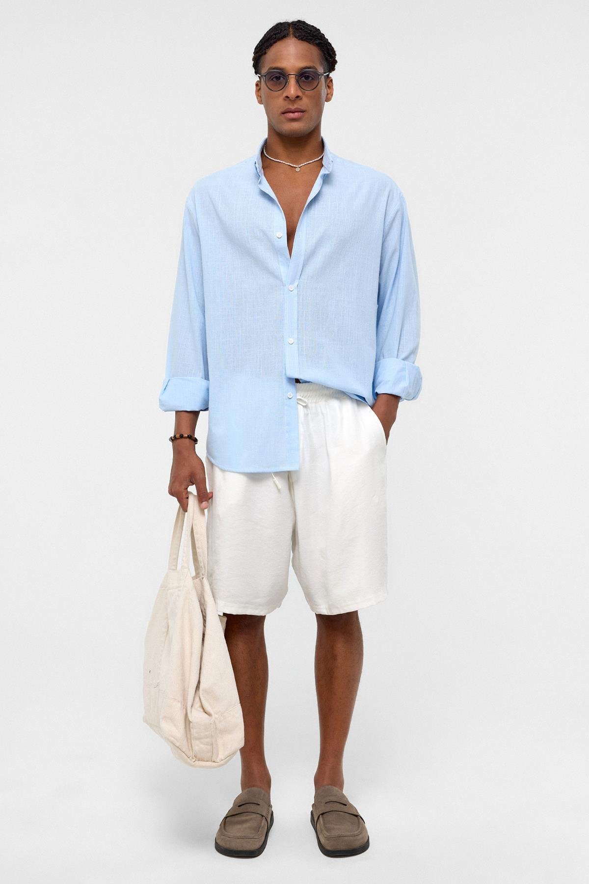 Basic Oversize Pamuk  Keten Gömlek Bebe Mavi