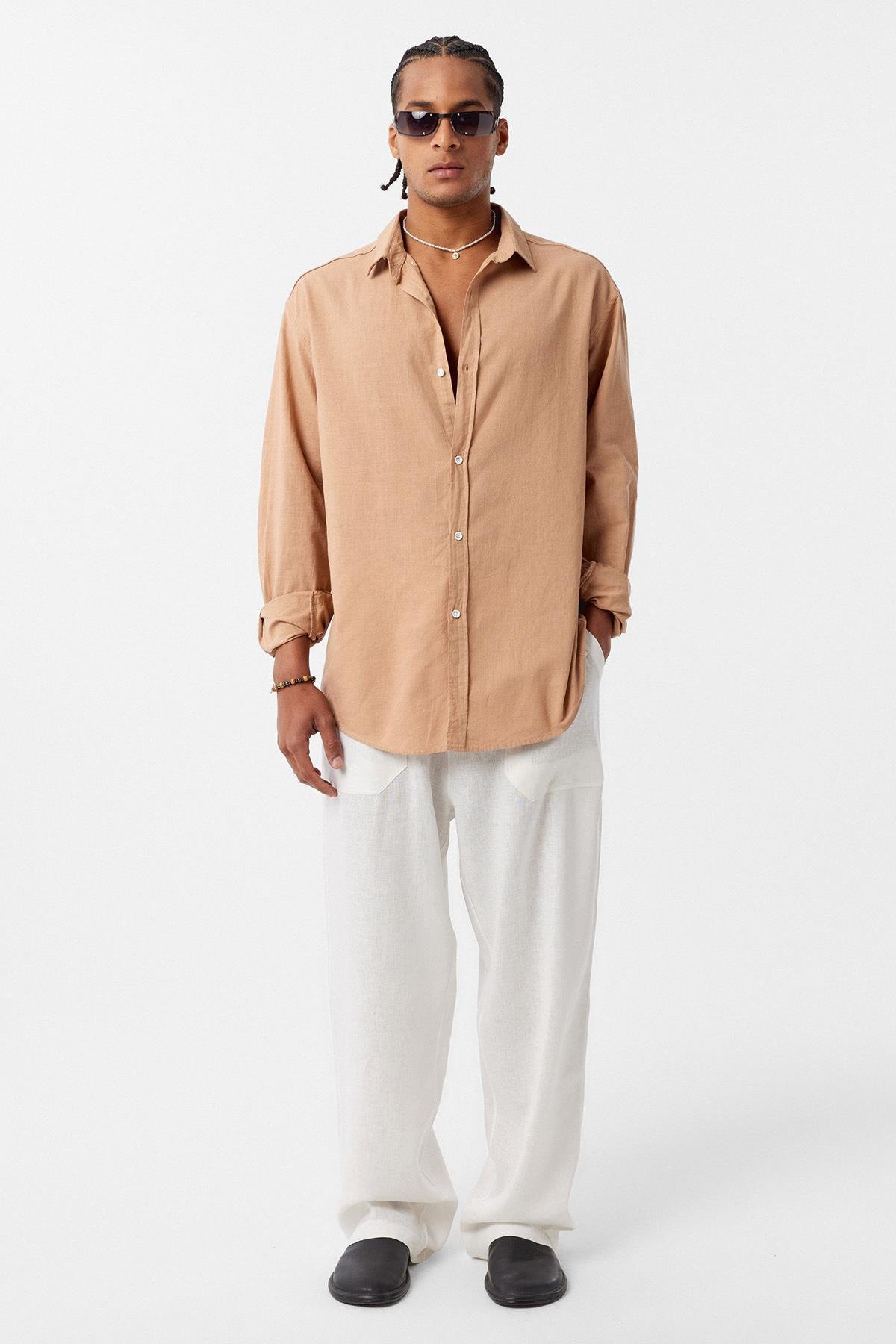 Basic Oversize Pamuk  Keten Gömlek Camel