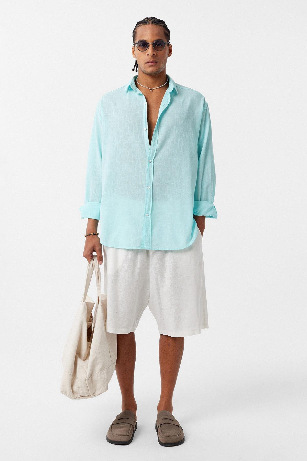 Basic Oversize Pamuk  Keten Gömlek Mint