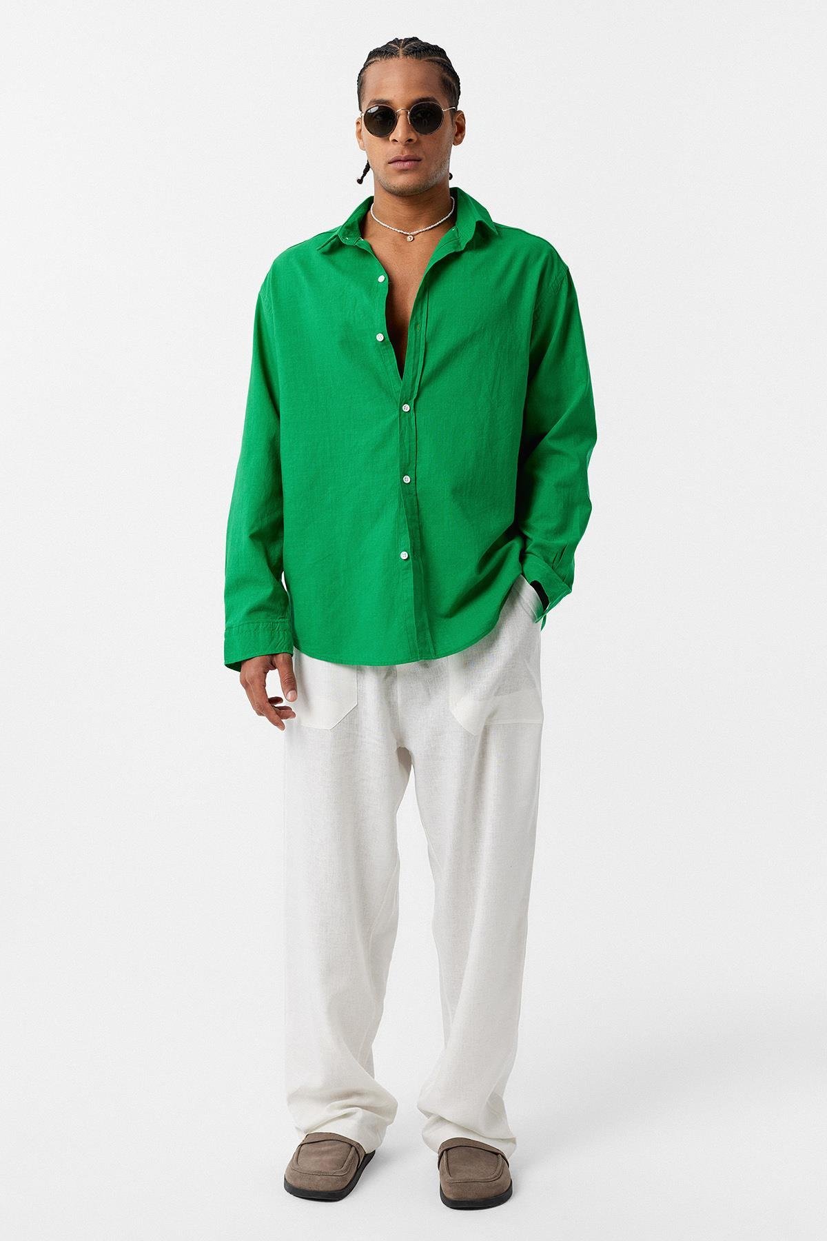 Basic Oversize Pamuk  Keten Gömlek Yeşil