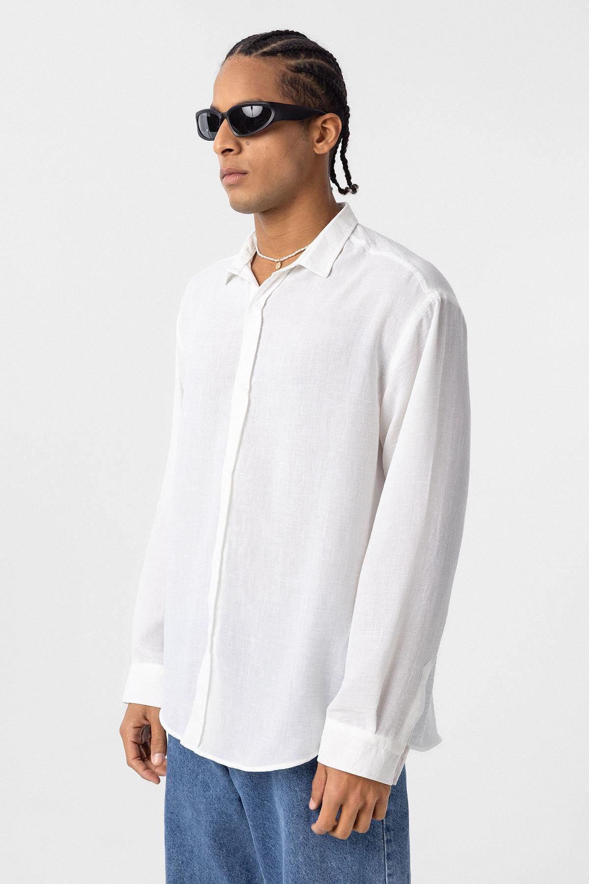Basic Oversize Uzun Kol Keten Gömlek Beyaz