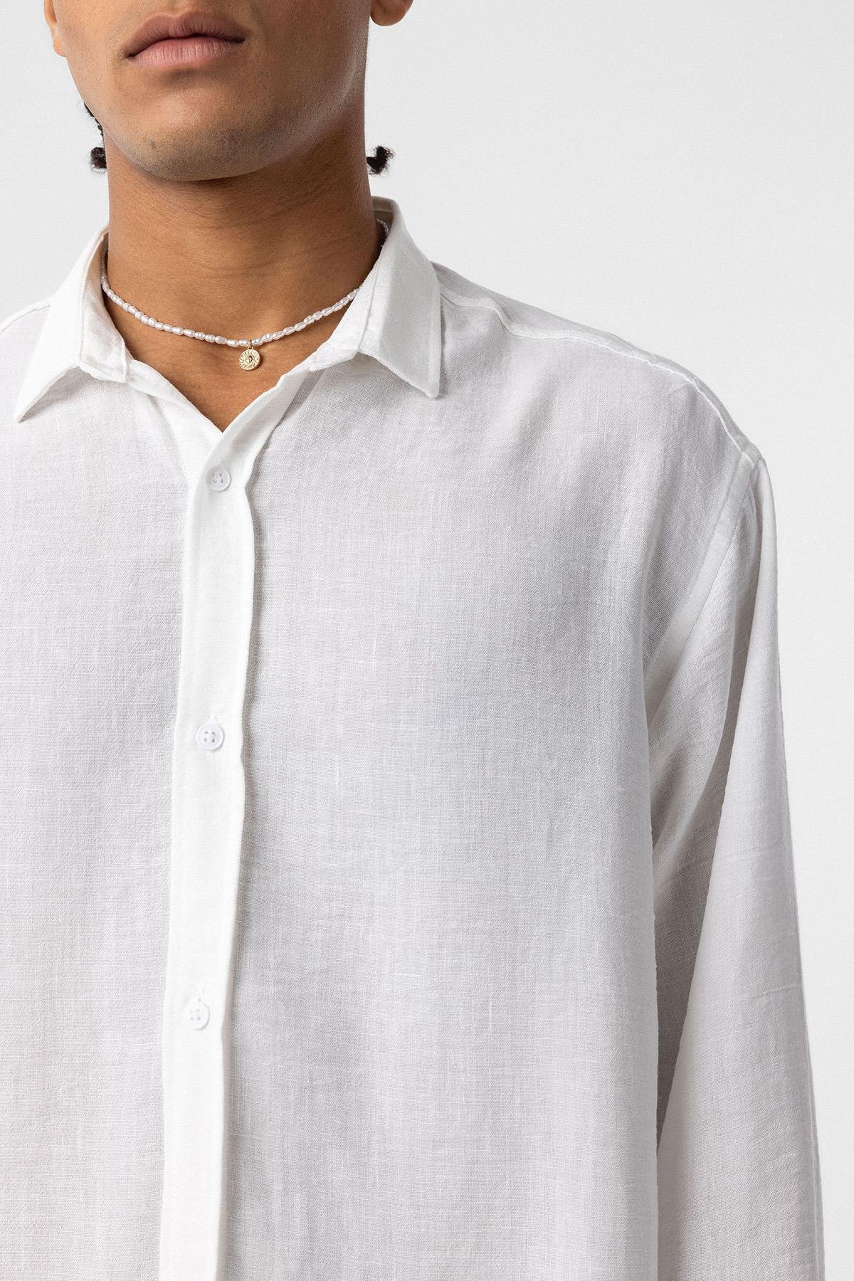 Basic Oversize Uzun Kol Keten Gömlek Beyaz