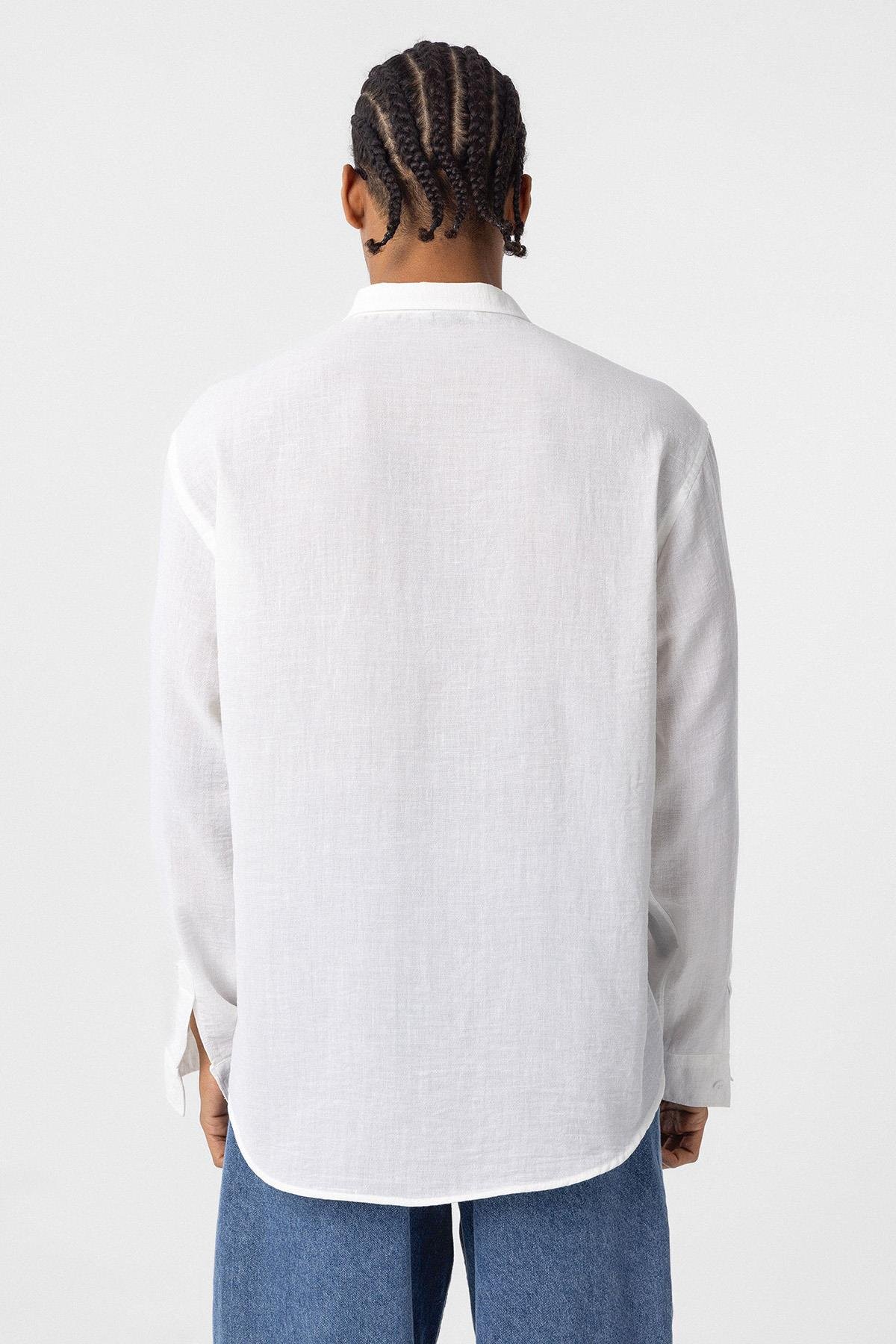 Basic Oversize Uzun Kol Keten Gömlek Beyaz