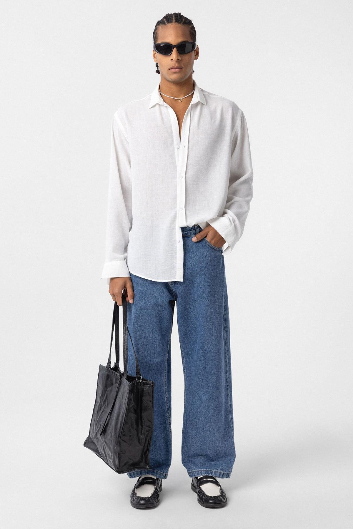 Basic Oversize Uzun Kol Keten Gömlek Beyaz