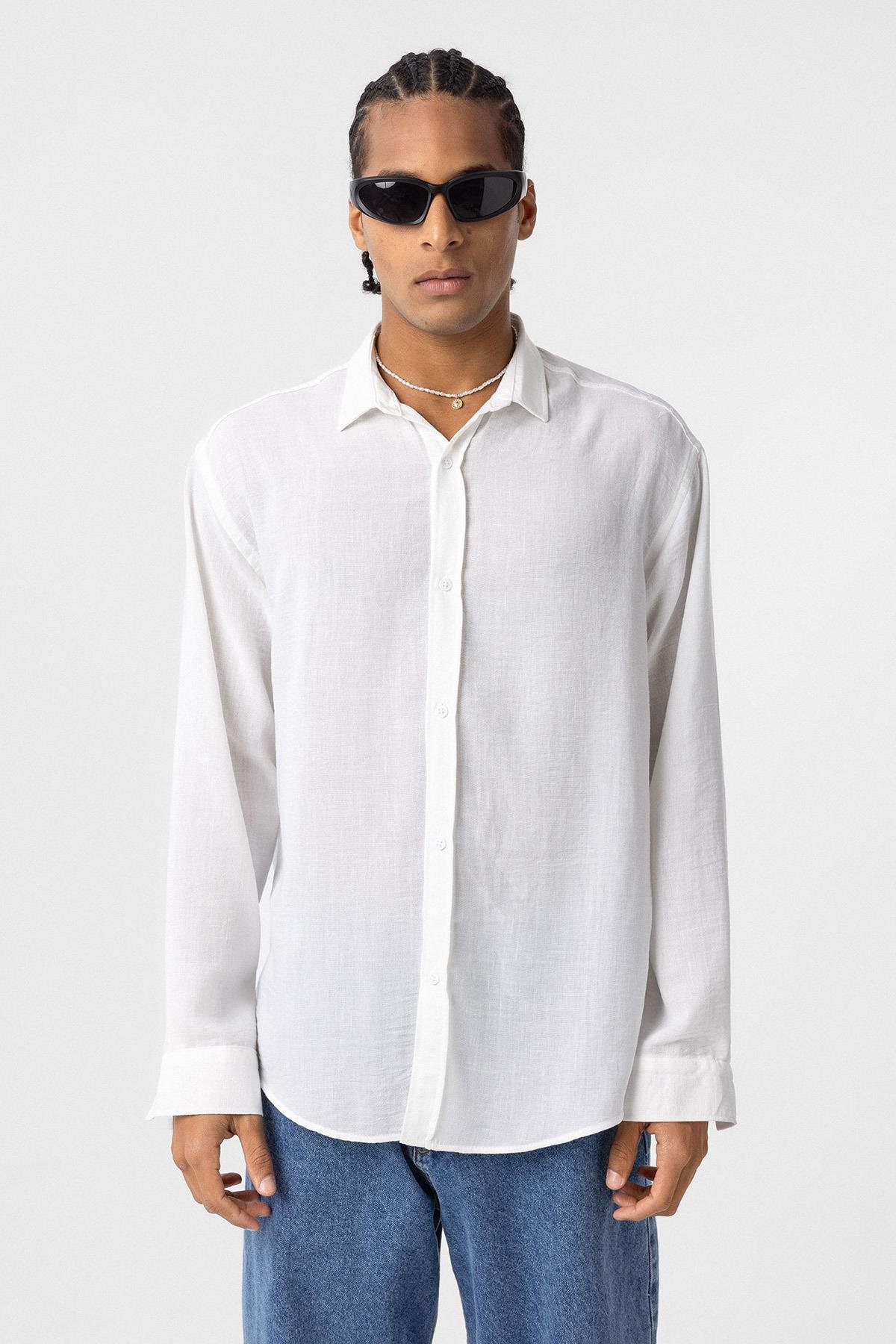 Basic Oversize Uzun Kol Keten Gömlek Beyaz