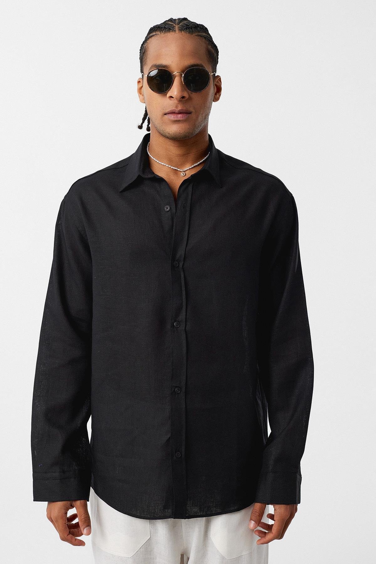 Basic Oversize Uzun Kollu Keten Gömlek Siyah