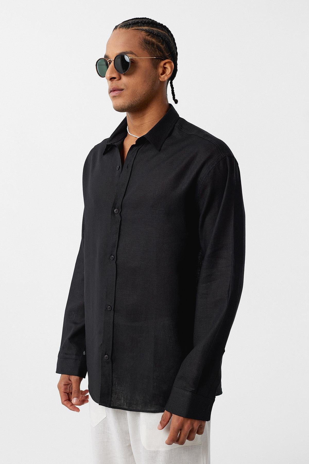 Basic Oversize Uzun Kollu Keten Gömlek Siyah