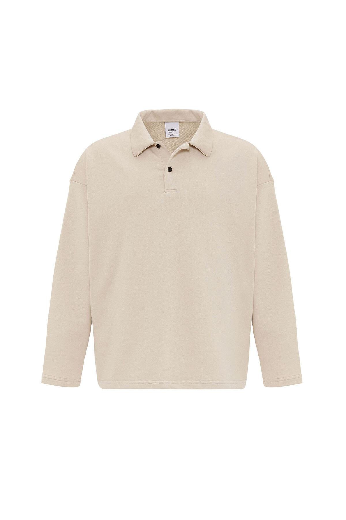 Basıc Polo Yaka Sweatshirt Taş