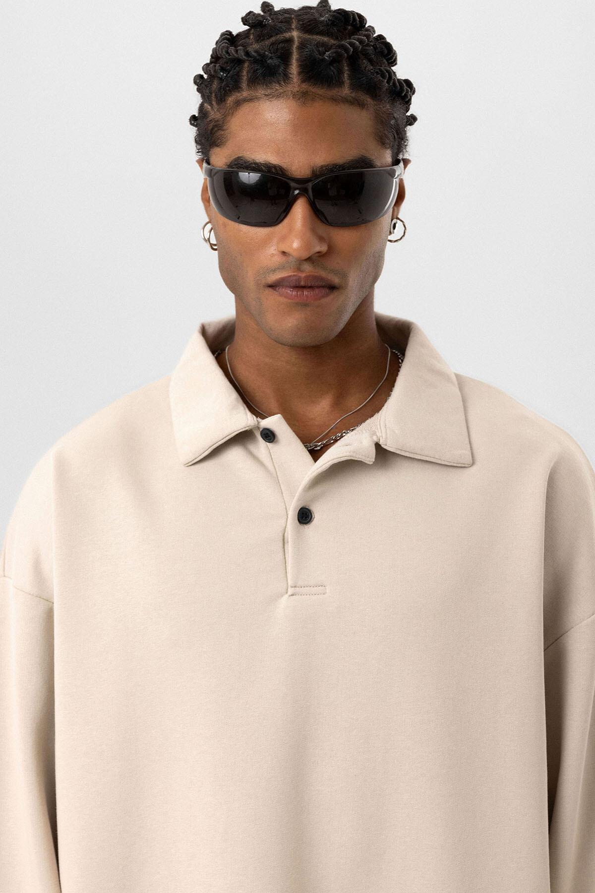 Basıc Polo Yaka Sweatshirt Taş