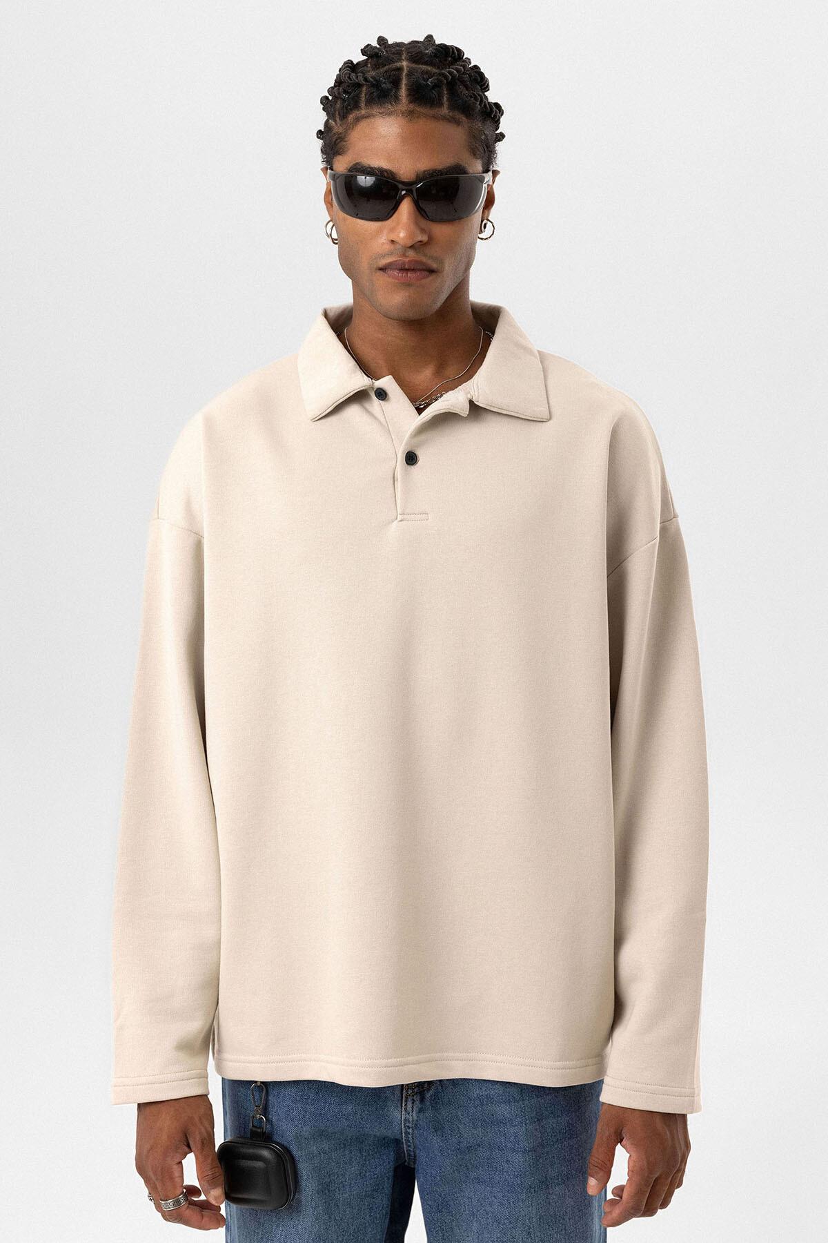 Basıc Polo Yaka Sweatshirt Taş