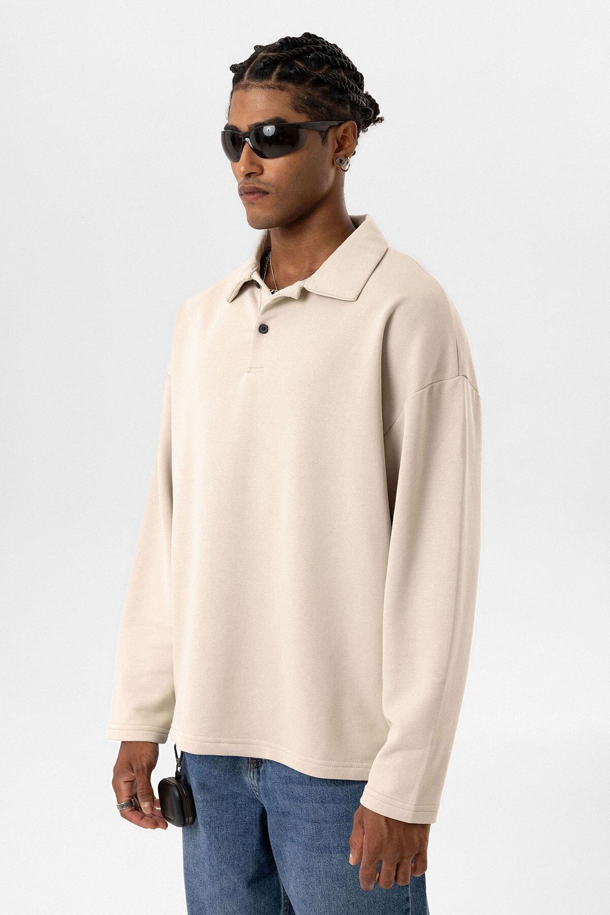 Basıc Polo Yaka Sweatshirt Taş