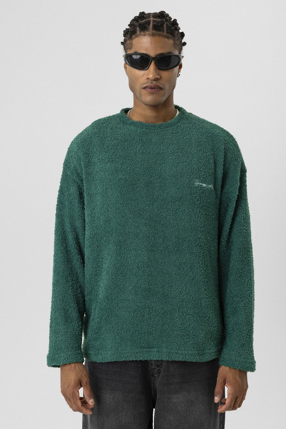 Bisiklet Yaka Oversize Peluş Sweatshirt Yeşil