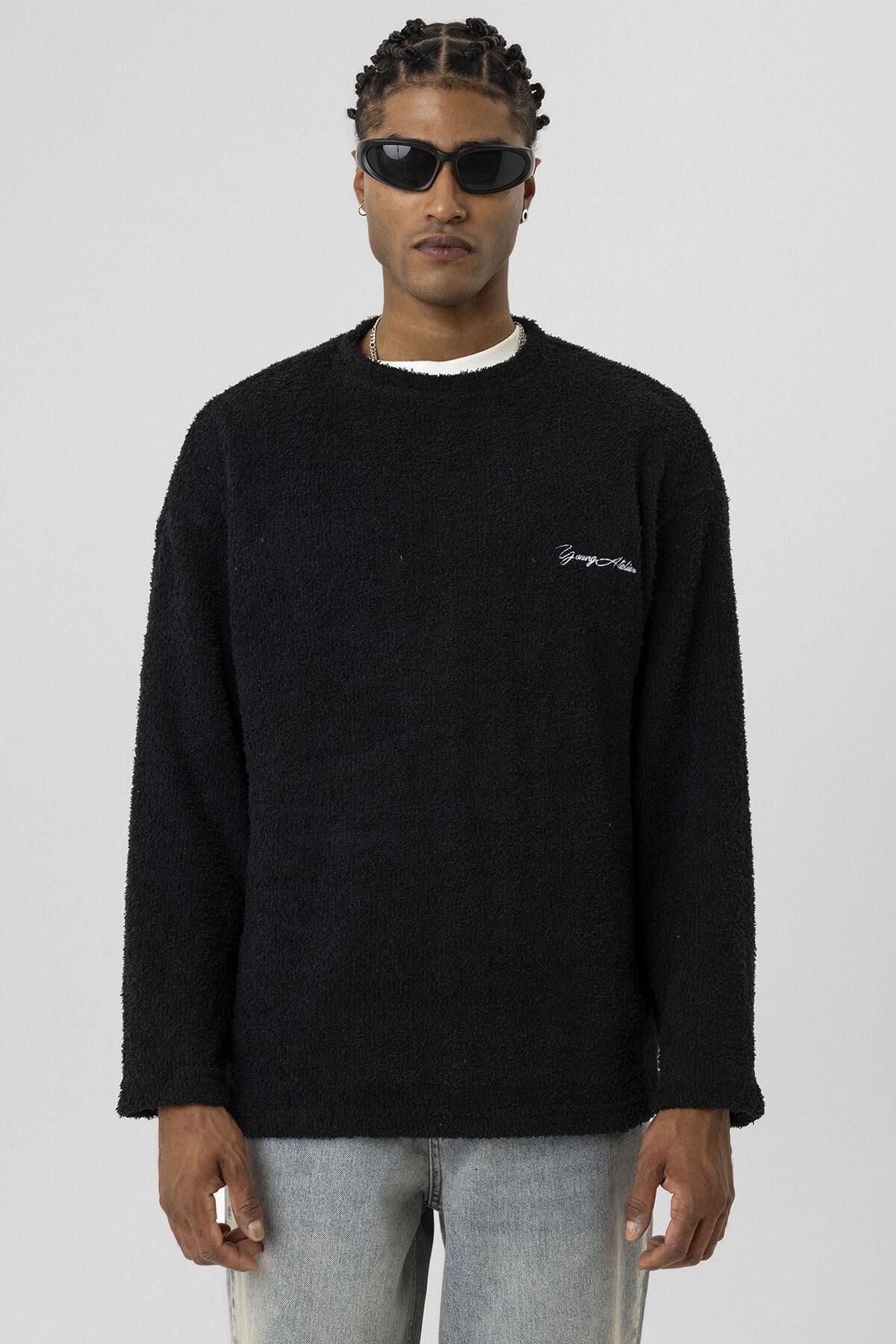 Bisiklet Yaka Oversize Peluş Sweatshirt Siyah