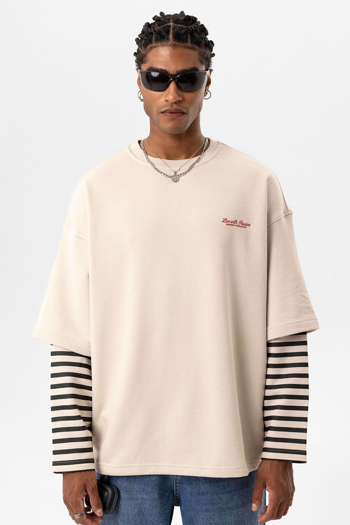 Çift Kol Detaylı Baskılı Oversize Sweatshirt Taş
