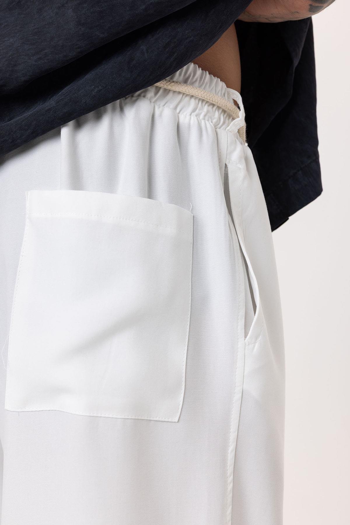 Kemer Detaylı Baggy Tensel Kumaş Pantolon Ekru