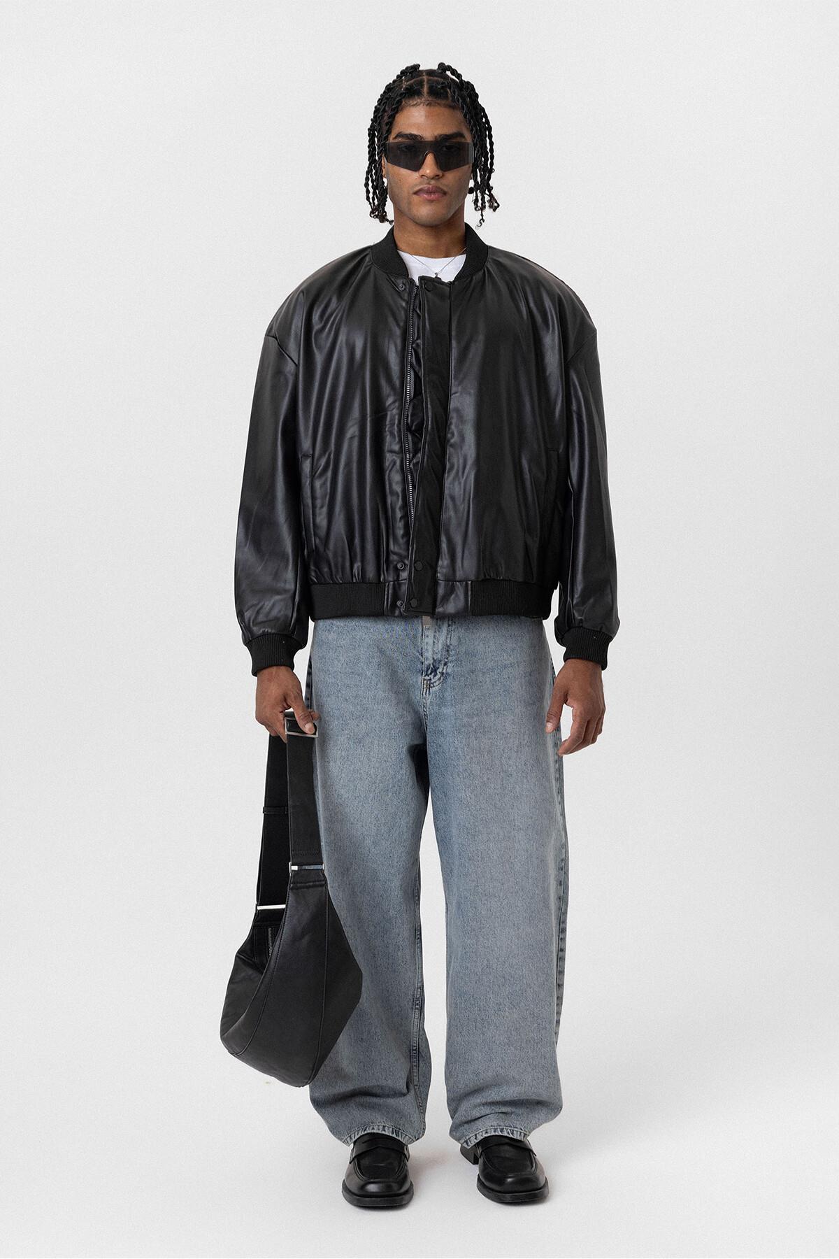 Oversize Deri Bomber Ceket Siyah