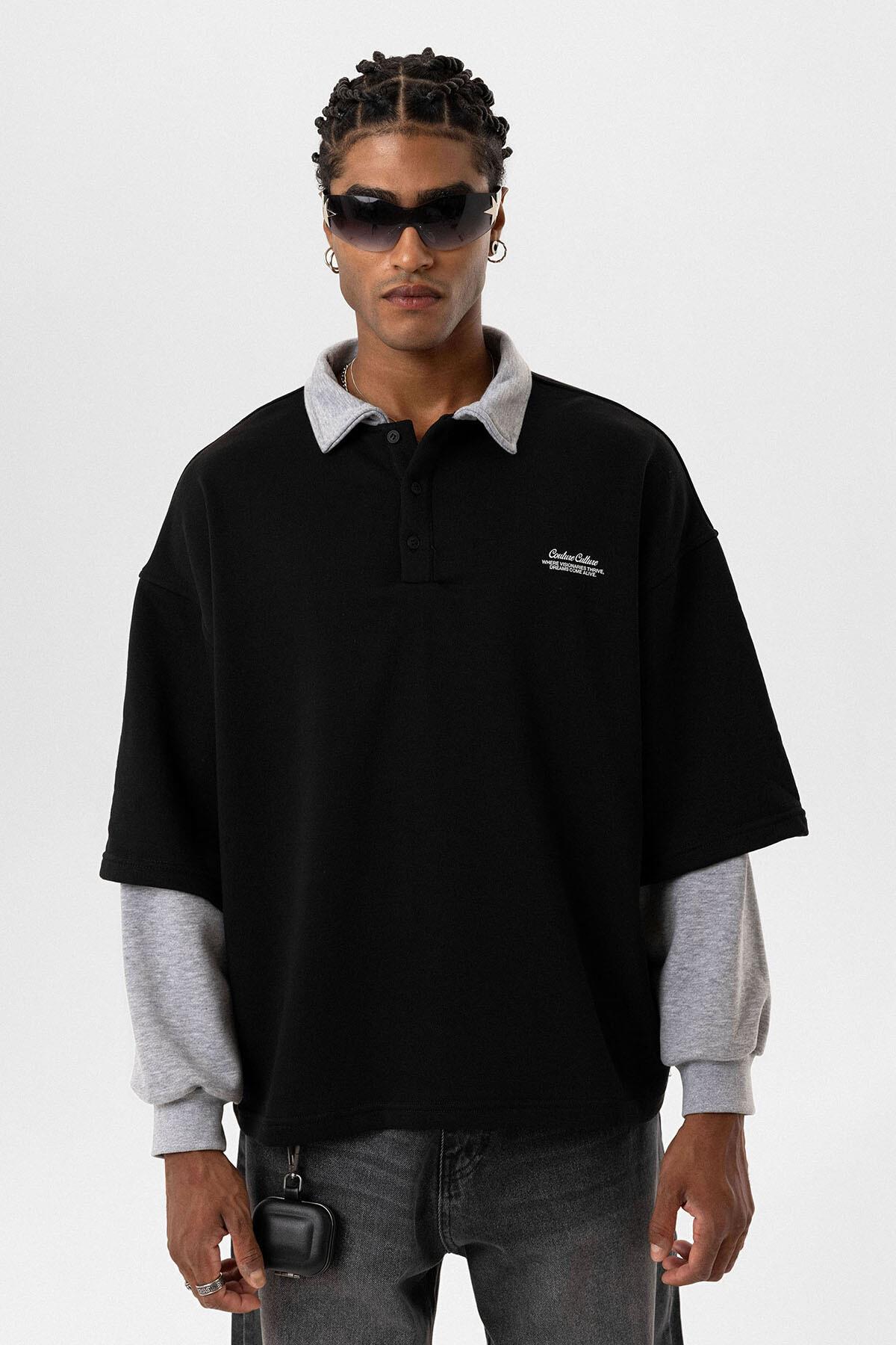 Polo Yaka Çift Kol Detaylı Oversize Sweatsıhrt Siyah