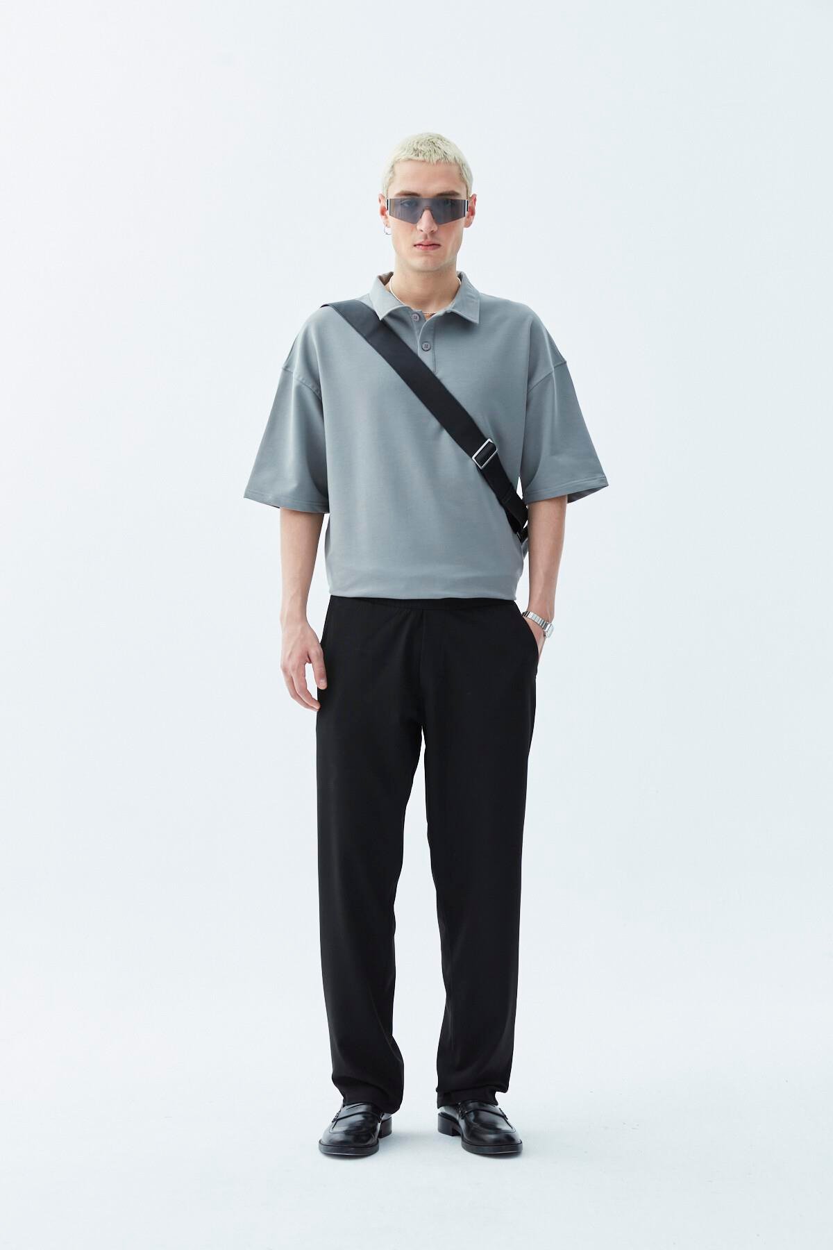 Polo Yaka Oversize Tişört Açık Füme