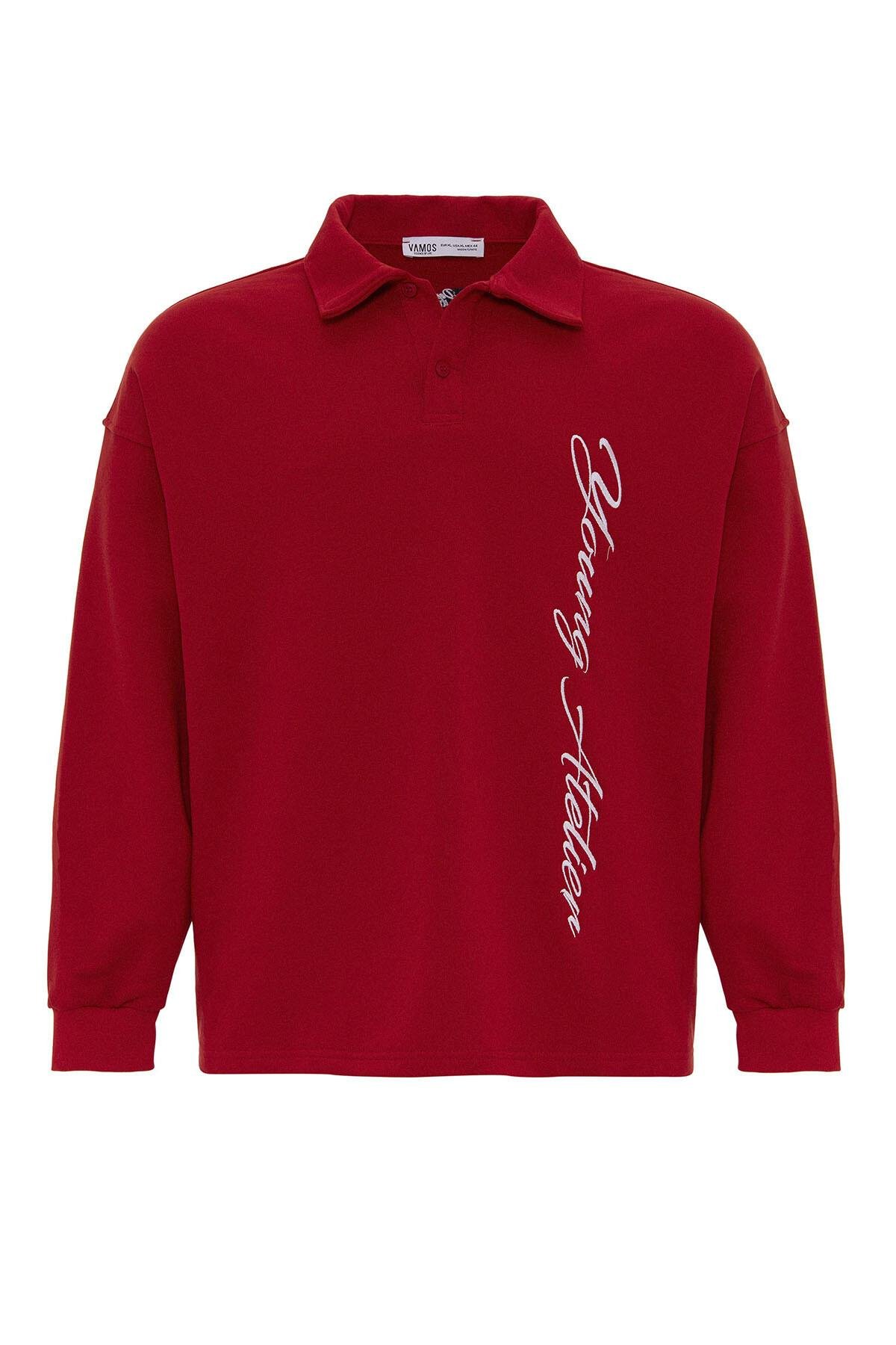 Polo Yaka Yazı Detaylı Oversize Sweatshirt Kırmızı