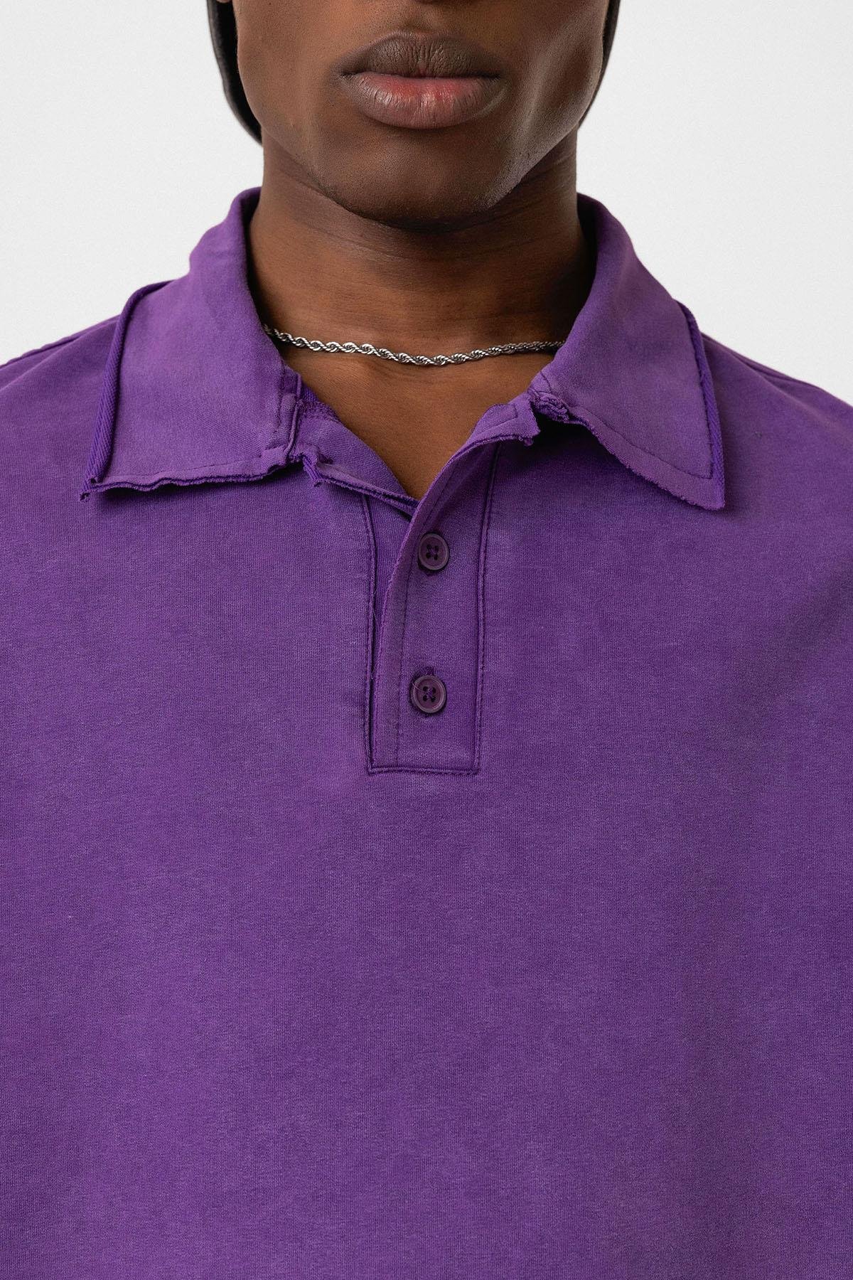 Polo Yaka Yıkamalı Oversize Tişört Mor