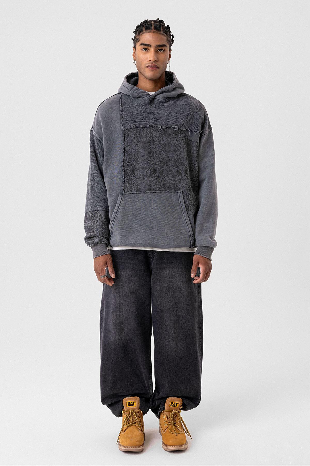 Premıum Ön Dikişli Etnik Baskılı Oversize Sweatshirt Siyah