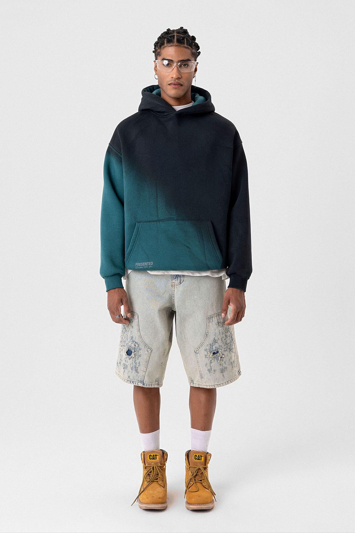 Renk Geçişli Oversize Kapüşonlu Sweatshirt Petrol