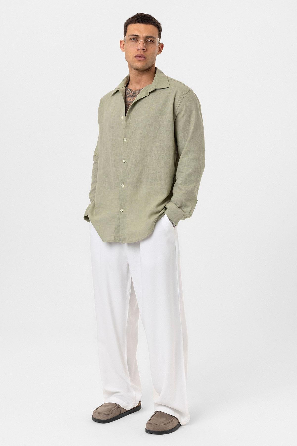 Uzun Kollu Basic Oversize Gömlek Haki