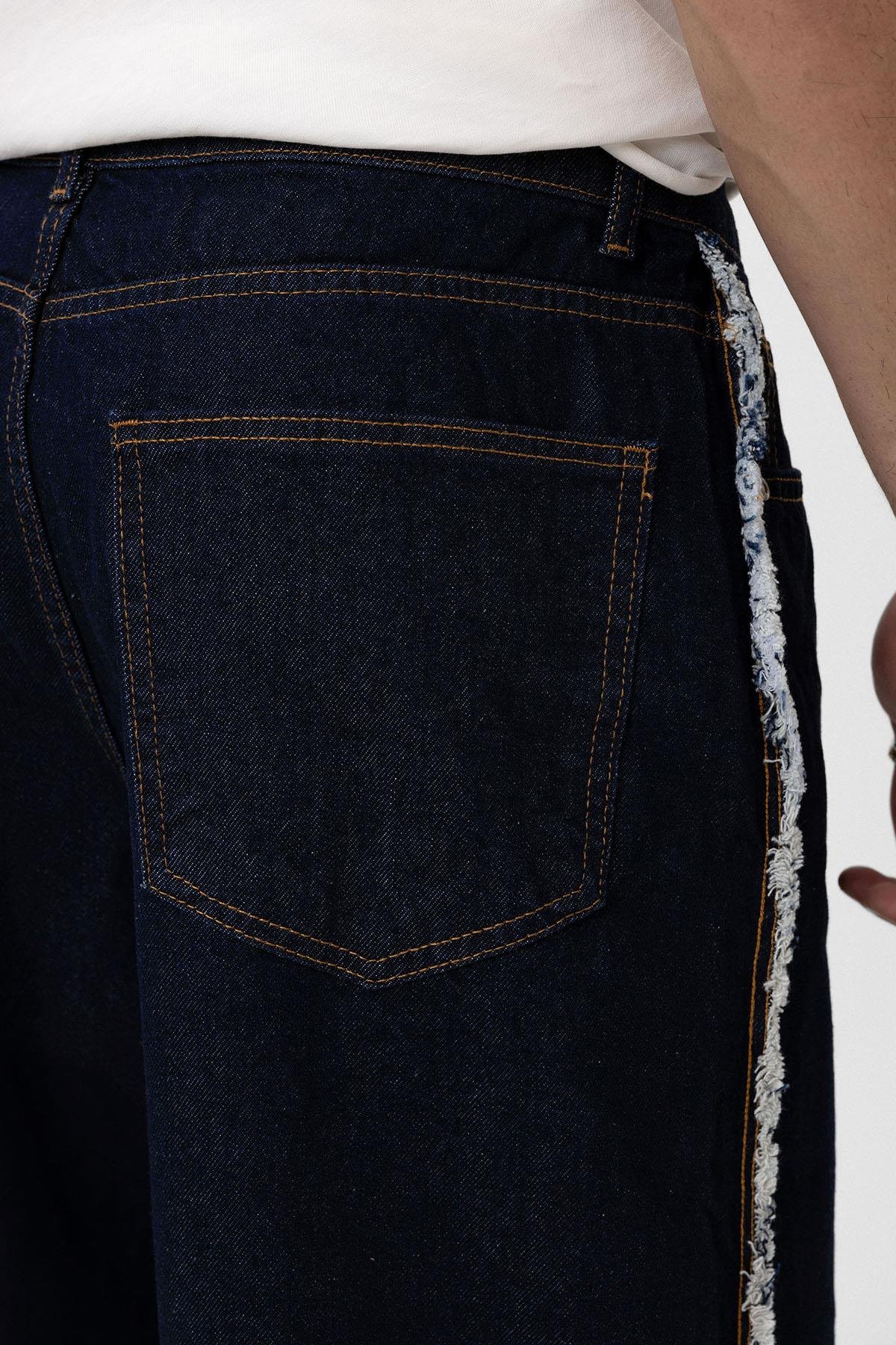 Yan Dikiş Detaylı Baggy Jean Koyu Mavi