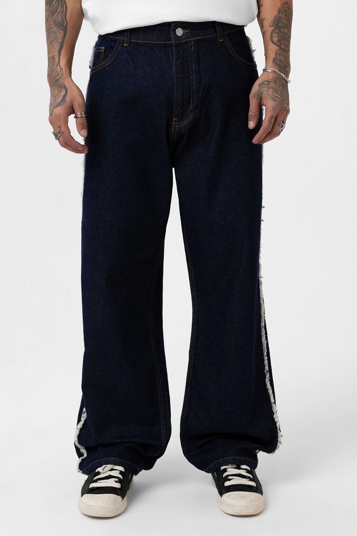 Yan Dikiş Detaylı Baggy Jean Koyu Mavi