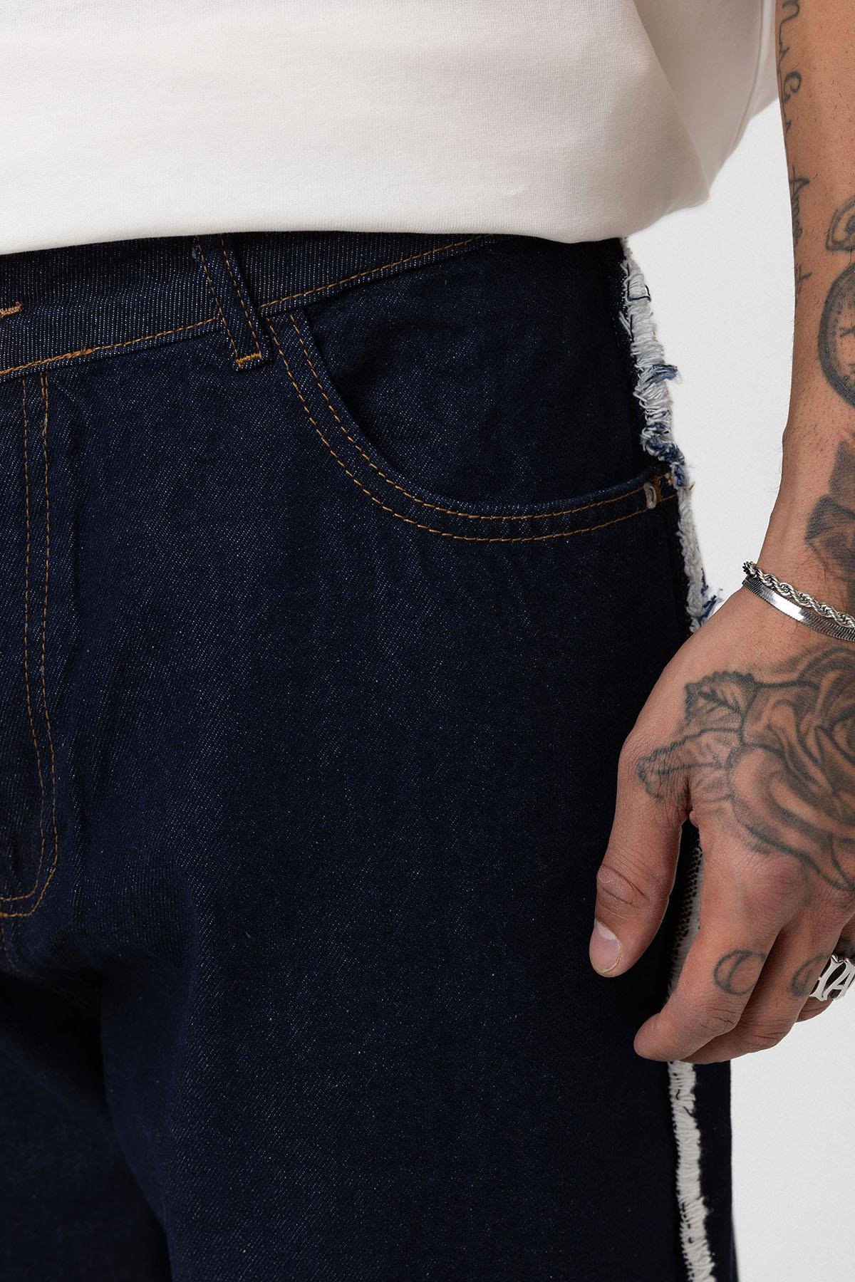 Yan Dikiş Detaylı Baggy Jean Koyu Mavi