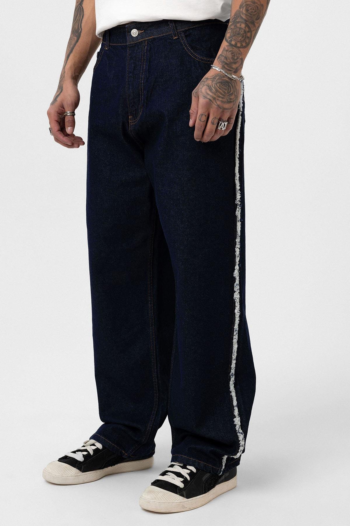 Yan Dikiş Detaylı Baggy Jean Koyu Mavi