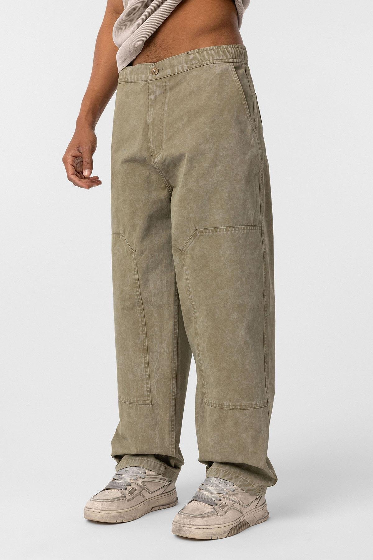 Yıkamalı Baggy Gabardin Pantolon Haki