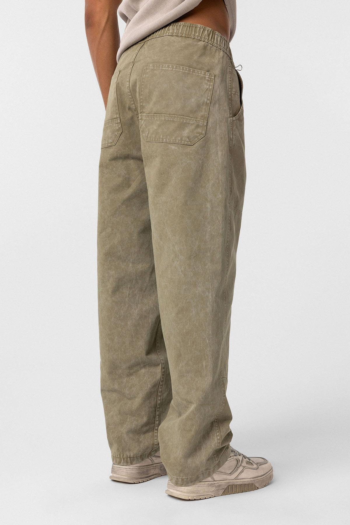 Yıkamalı Baggy Gabardin Pantolon Haki
