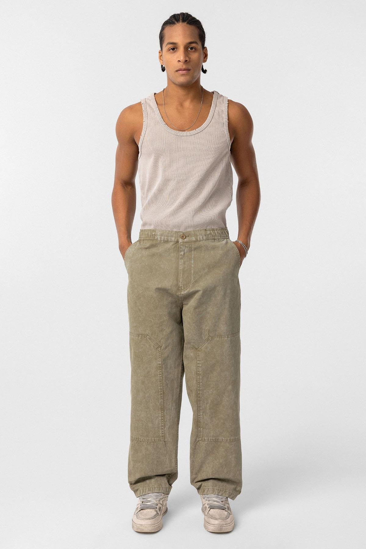 Yıkamalı Baggy Gabardin Pantolon Haki
