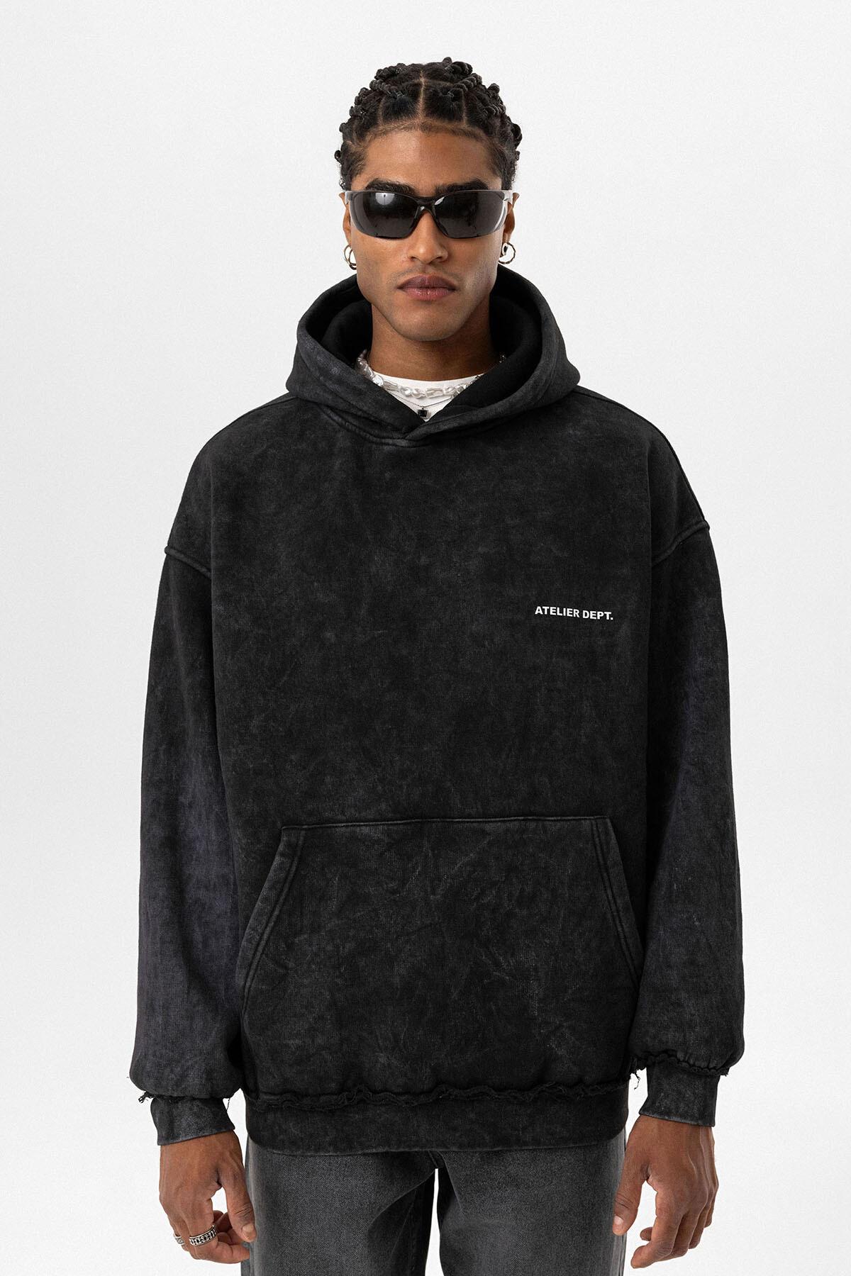 Yıkamalı Oversize Kapüşonlu Sweatshirt Siyah
