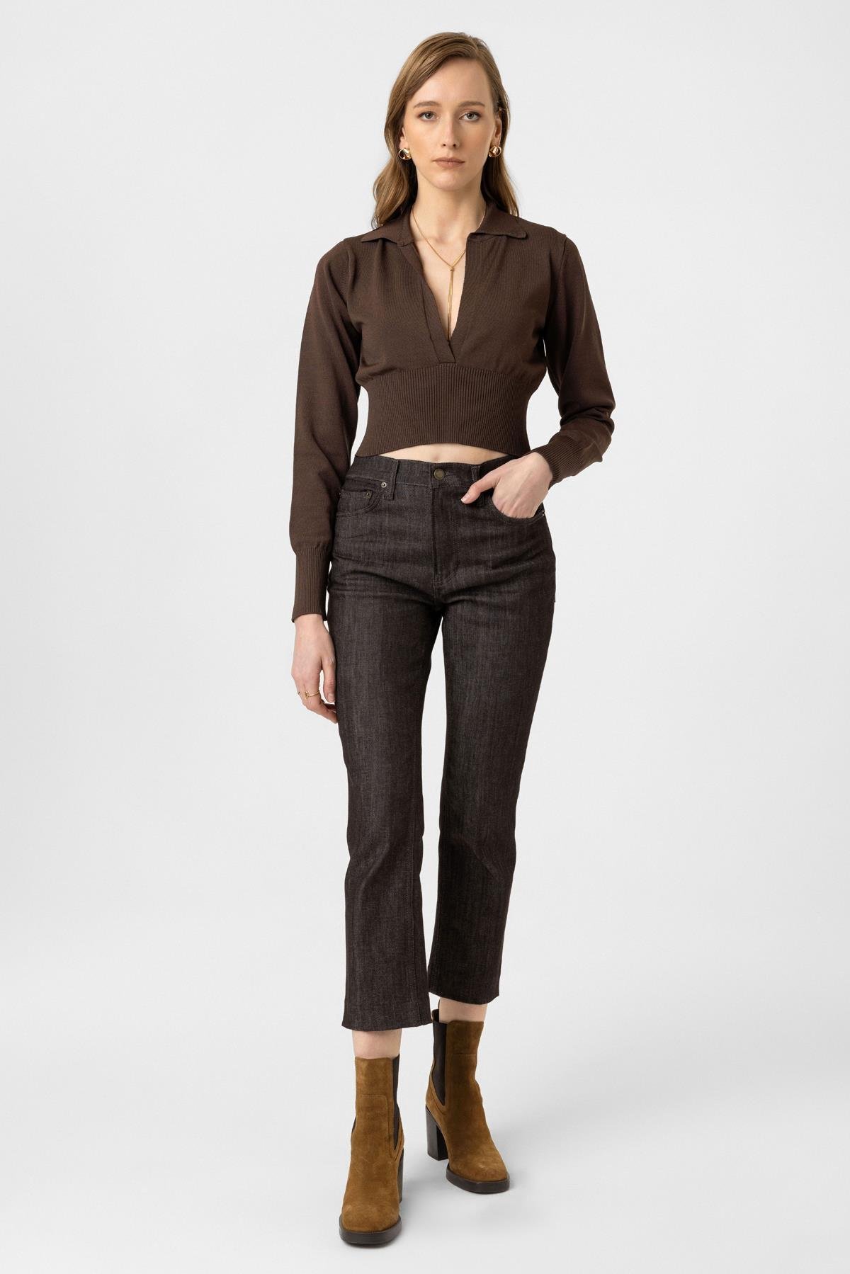 Oasis Polo Yaka Crop Kahverengi